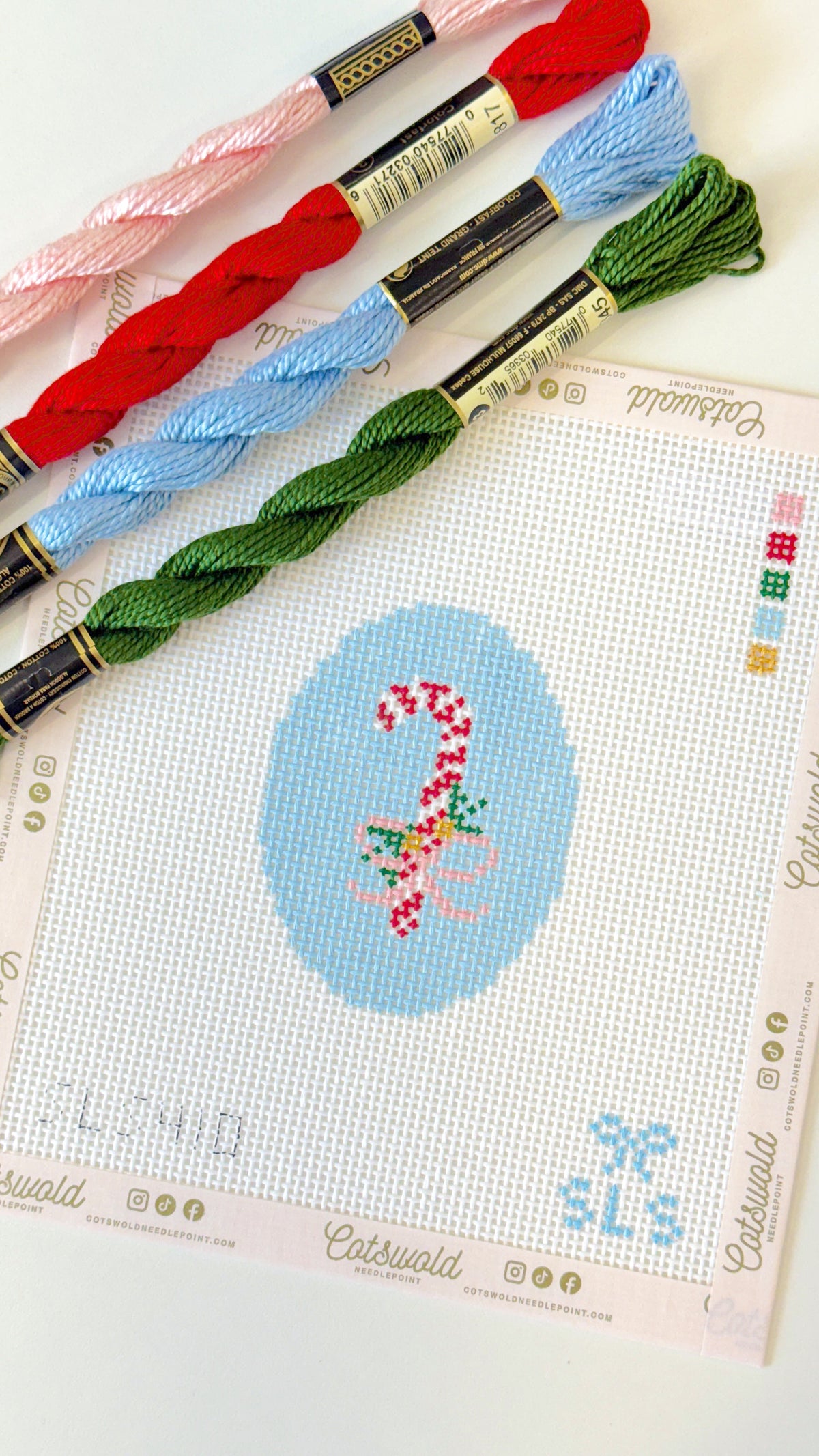 Candy Cane Christmas Ornament Needlepoint Canvas – 13 Mesh Hand-Painted