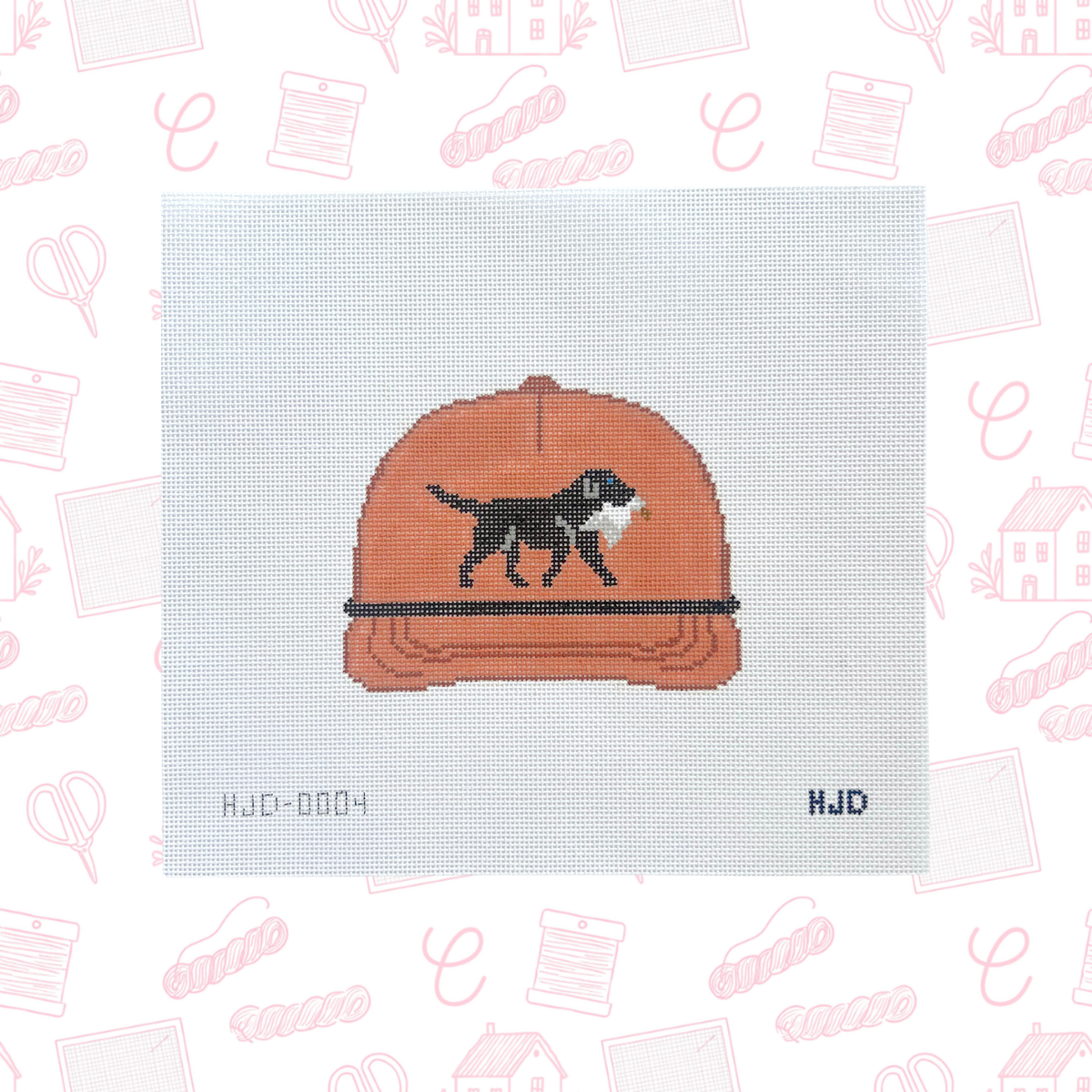 The Woody Hat with Black Lab Needlepoint Canvas, 18 Mesh, 4.5"x4" Design Size
