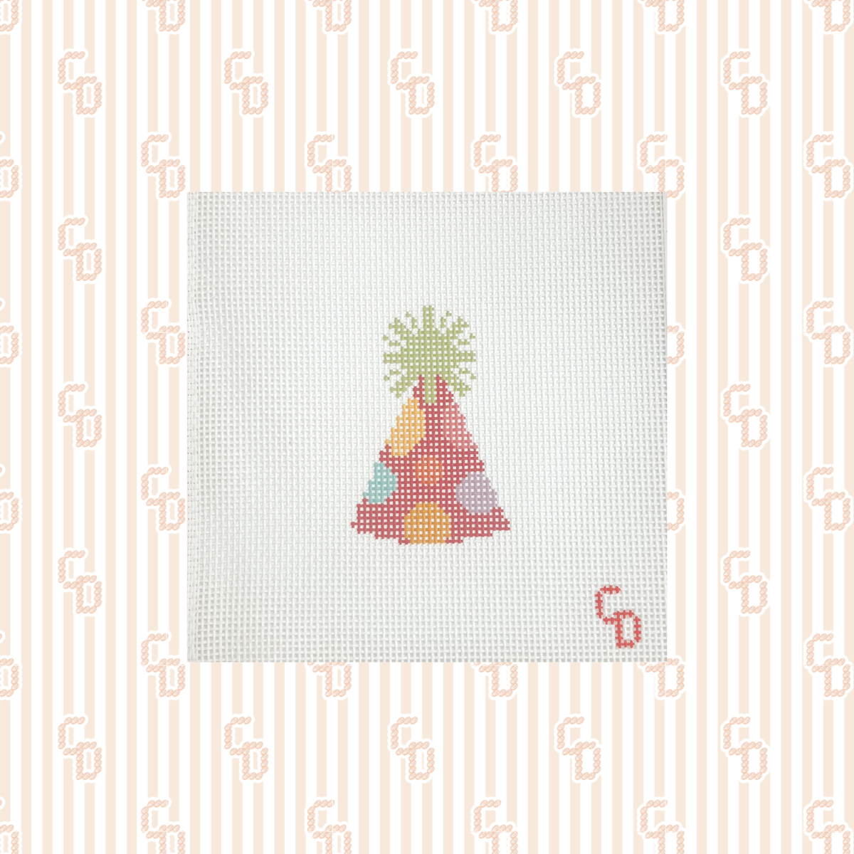 Colorful Pink Party Hat Needlepoint Canvas, 13 Mesh, 3"x2" Design Size
