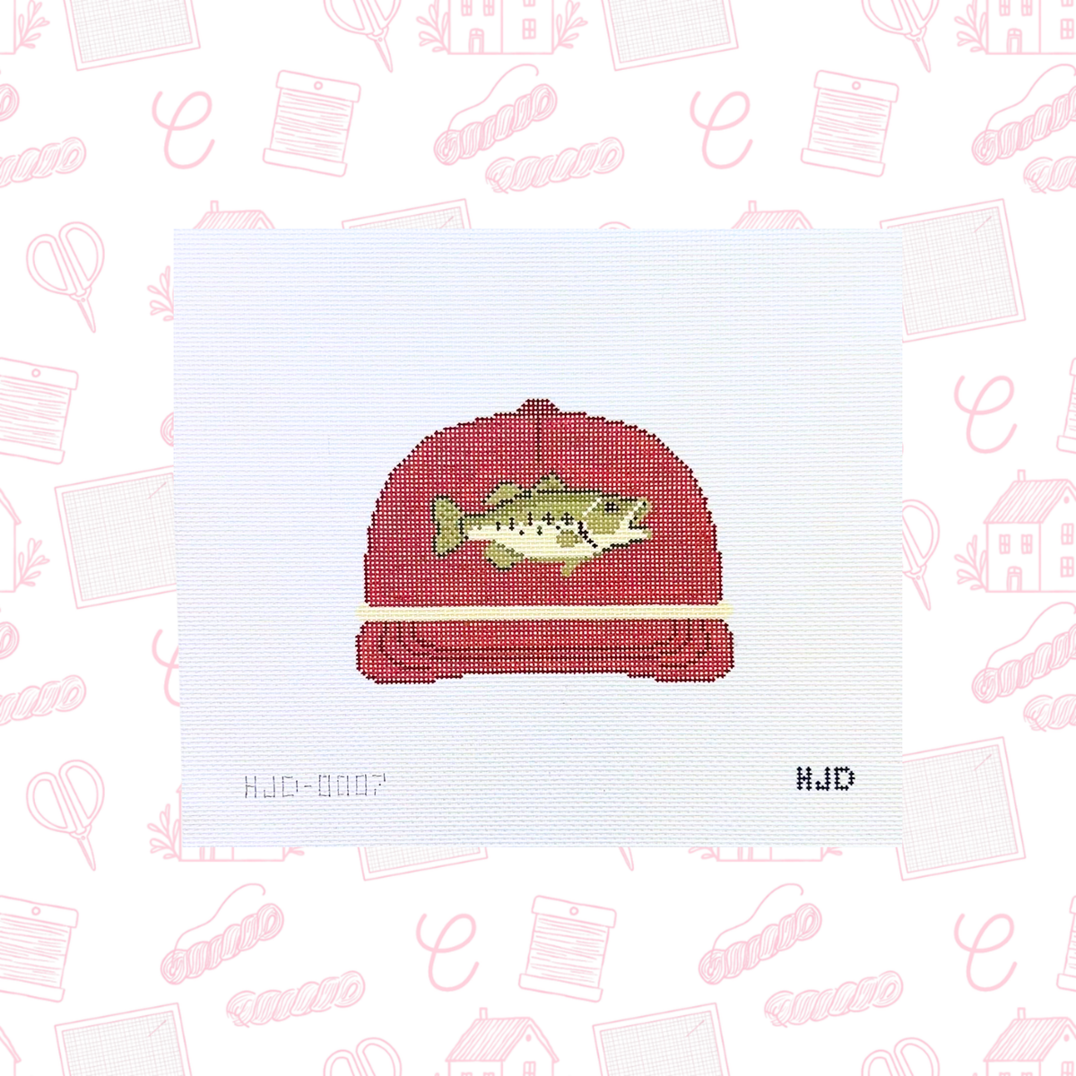The Big Mouth Bass Hat Needlepoint Canvas, 18 Mesh, 4.5”x4” Design Size