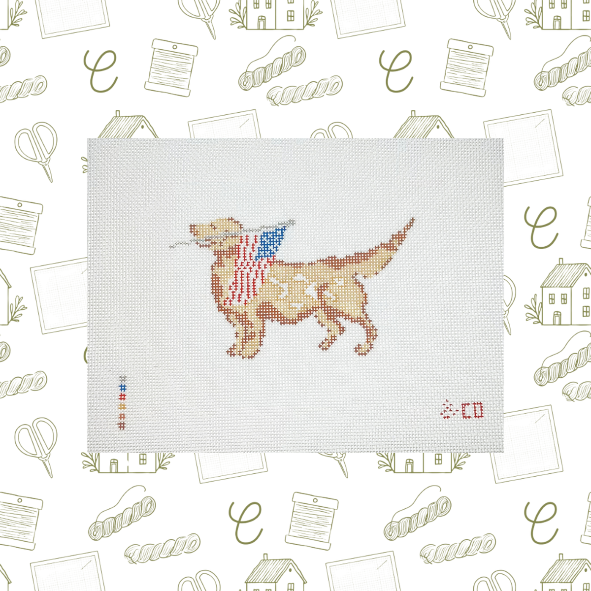 American Flag Golden Retriever Needlepoint Canvas, 18 Mesh, 4.5"x3" Design Size