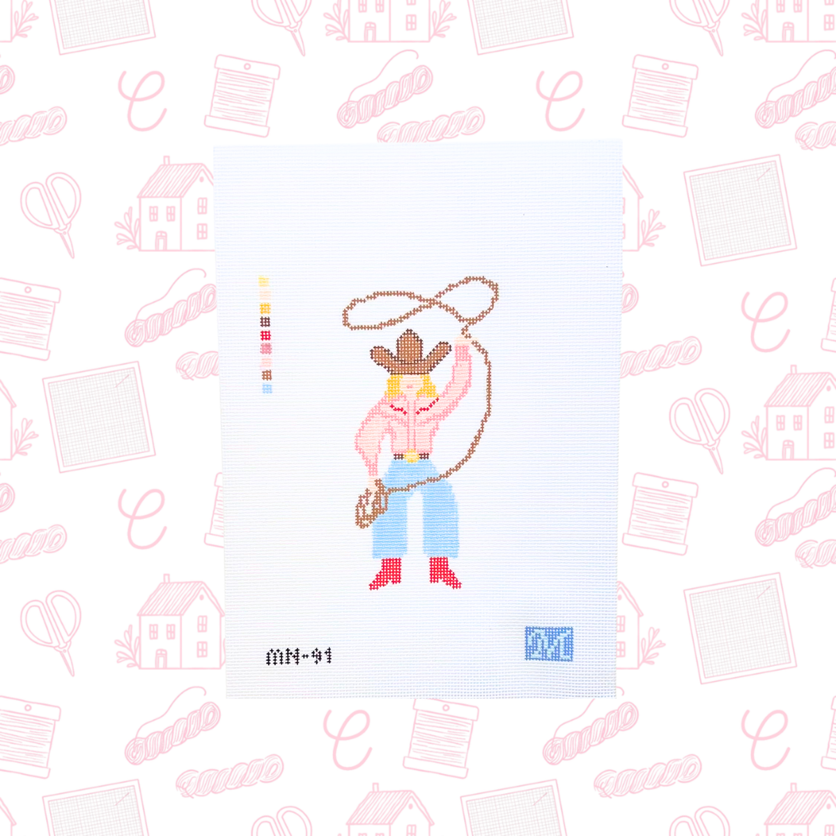 Cowgirl with Rope Needlepoint Canvas, 18 Mesh, 3.3x5.4" Design Size
