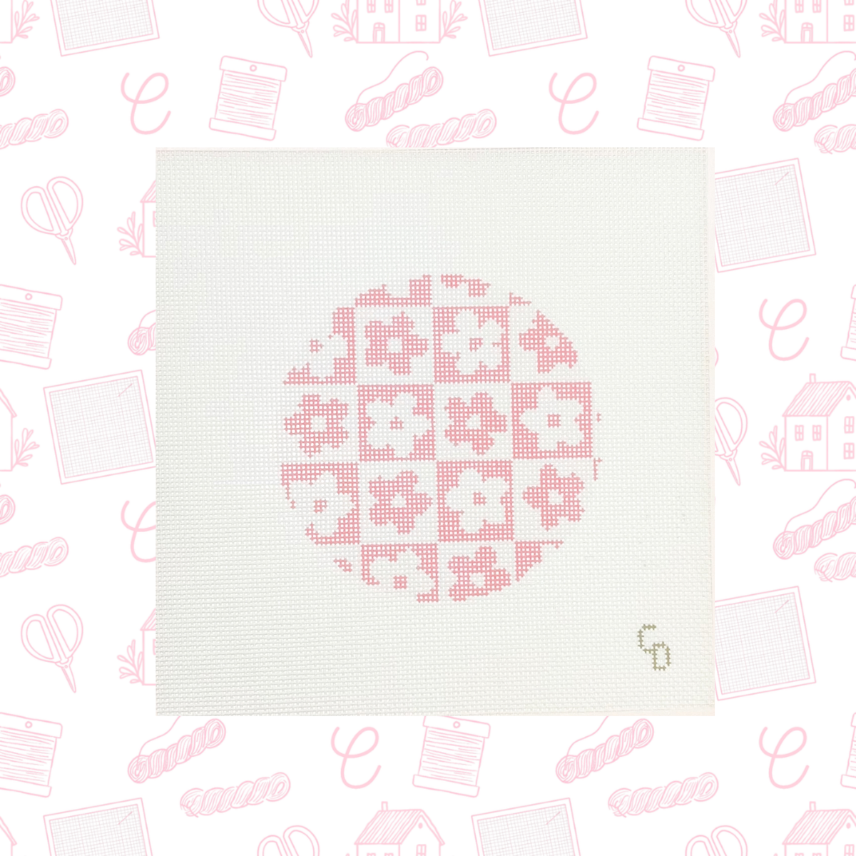 Pink Checkered Flower Round Needlepoint Canvas, 18 Mesh, 4" Round