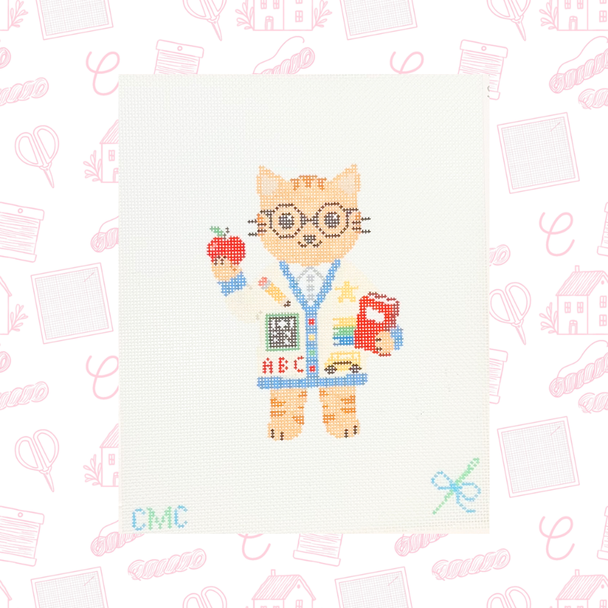 Tillie the Teacher Kitty Needlepoint Canvas, 18 Mesh, 3.5β x 4.8β Design Size
