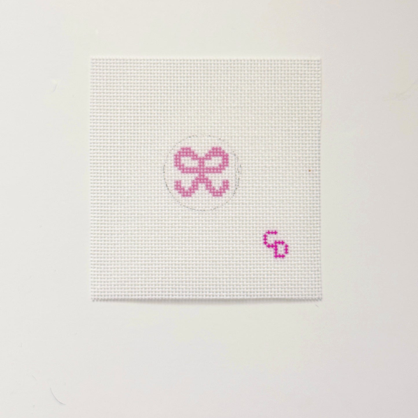 Mini 1” Round Bag Tag Insert Pink Bow Hand Painted Needlepoint Canvas 18 Mesh, 1x1 Design