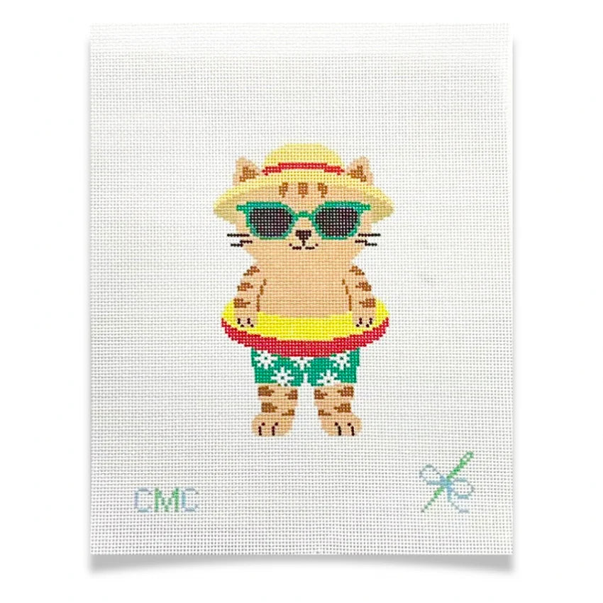 Summer Bathing Suit Kitty Needlepoint Canvas, Summer Needlepoint, 18 Mesh, 3x5 Design
