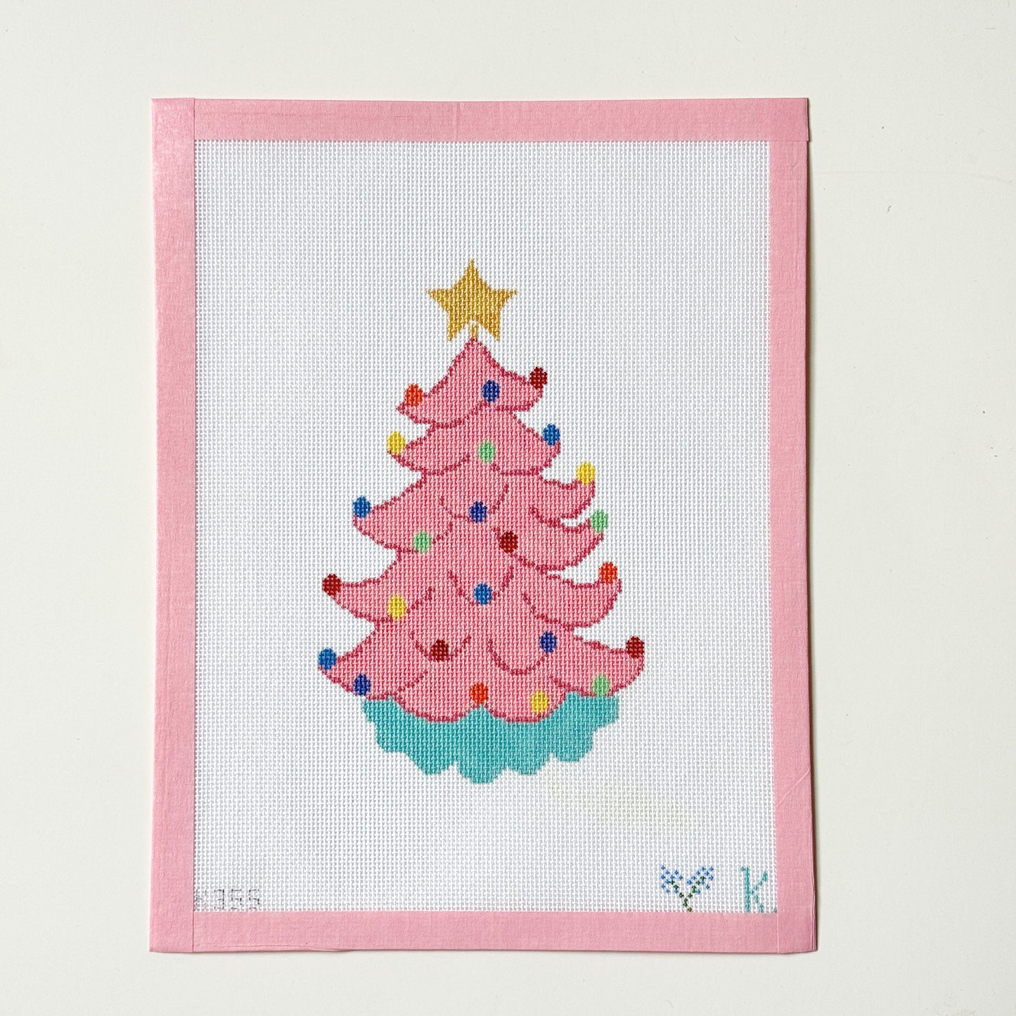 Pink Ceramic Christmas Tree Nostalgic Needlepoint Canvas, 18 Mesh, 4x6 Design