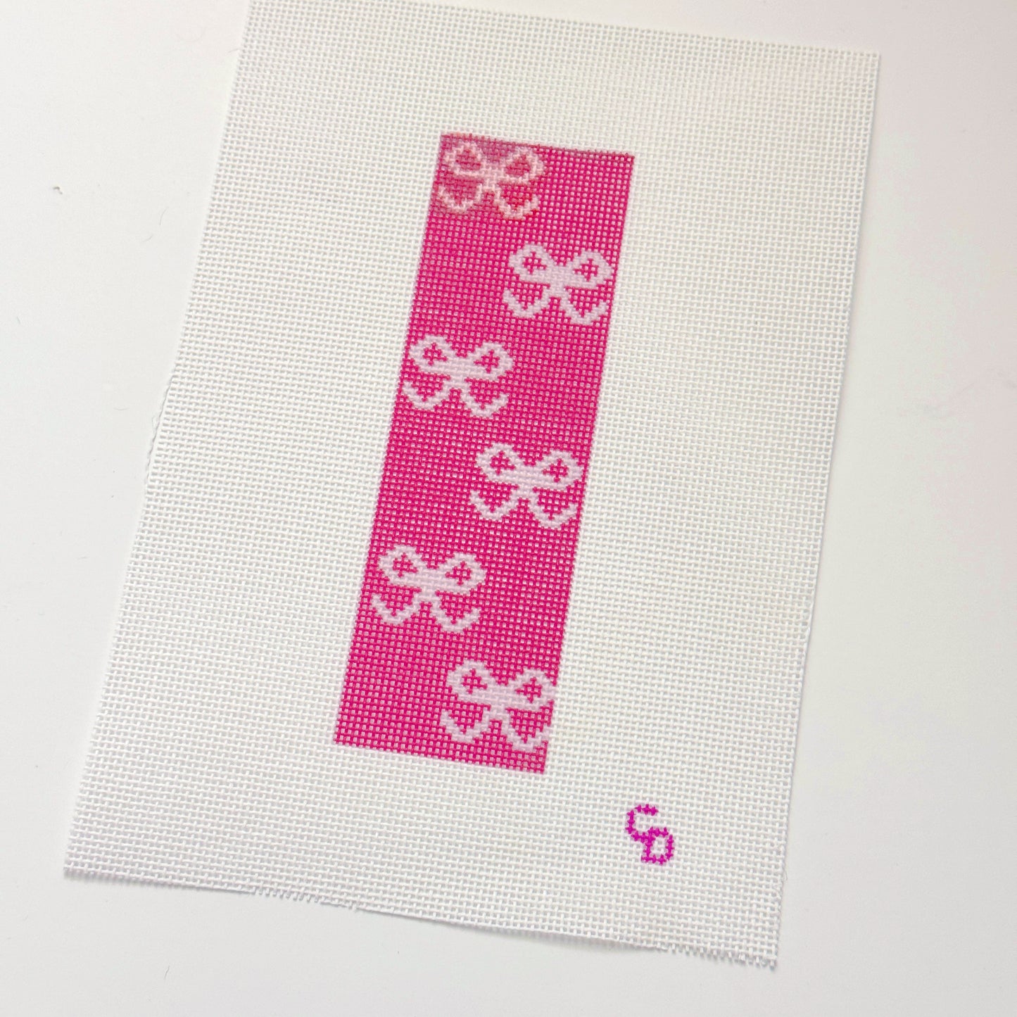 Pink Bow Bookmark Hand Painted Needlepoint Canvas 18 Mesh, 2x5 Design
