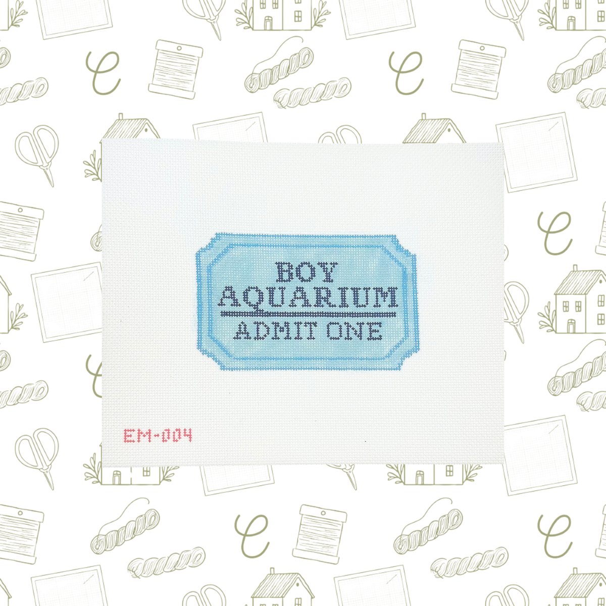 Boy Aquarium Ticket Needlepoint Canvas, 18 Mesh, 3"x5" Design Size