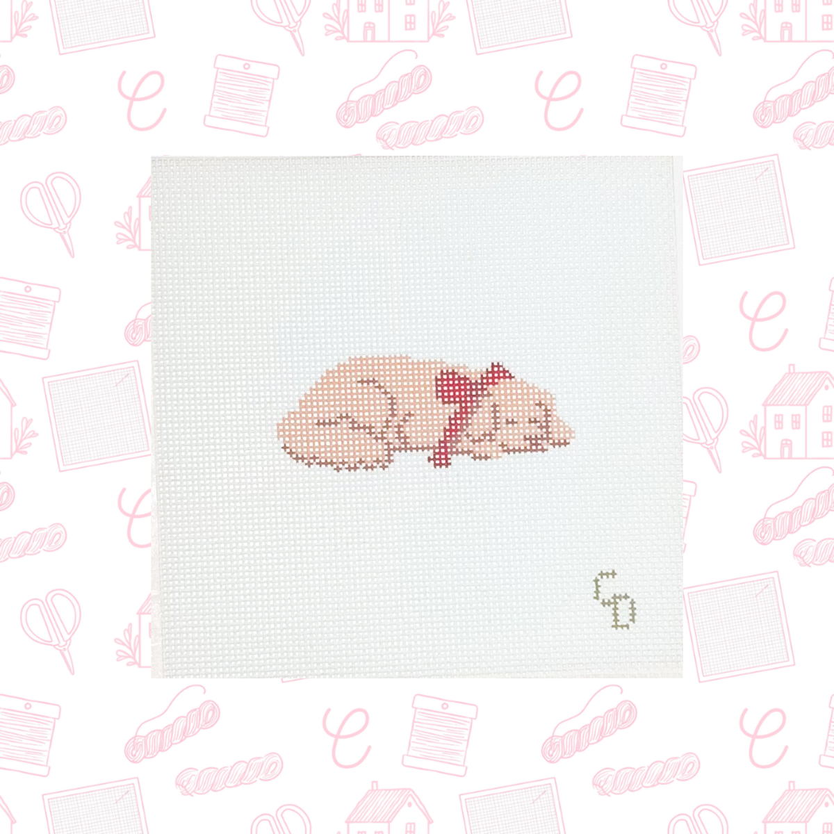 Sleeping Christmas Dog with Bow Needlepoint Canvas, 18 Mesh, ~3"x1" Design Size