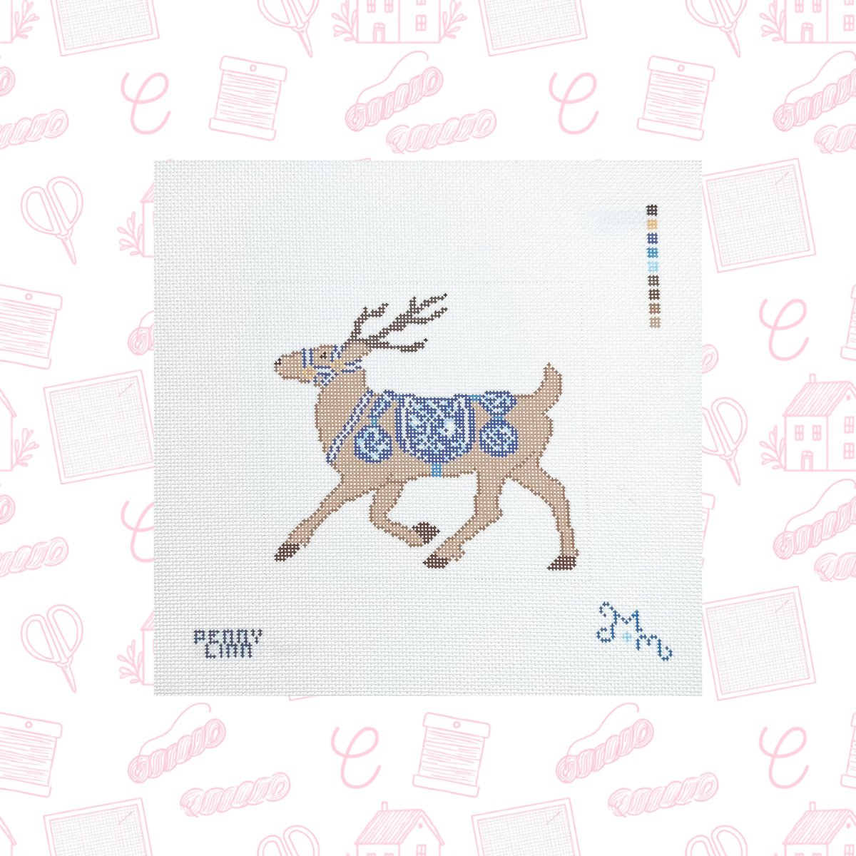 Blue Chinoiserie Reindeer Needlepoint Canvas