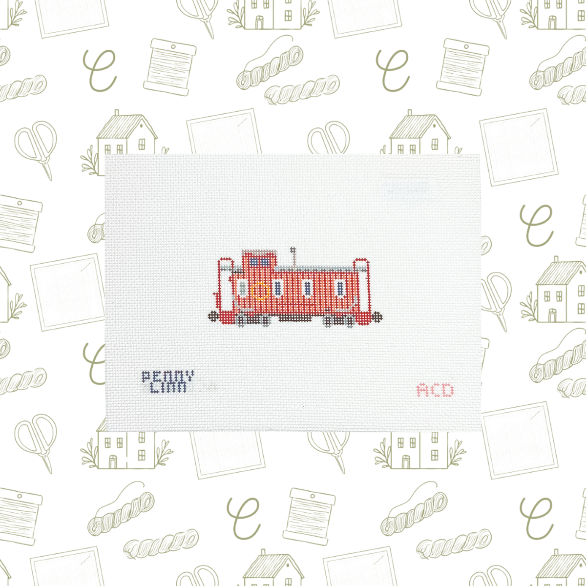 Red Caboose Train Car Needlepoint Canvas, 18 mesh, 1.61" x 3.56" Design Size