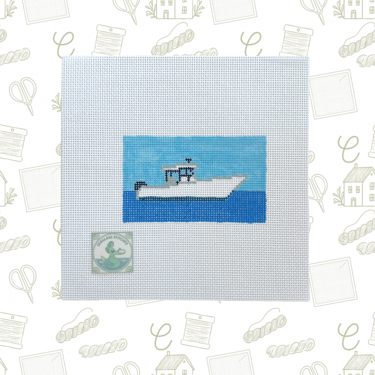 Sports Fishing Boat Needlepoint Canvas, 18 Mesh, ~3.5"x2" Design Size