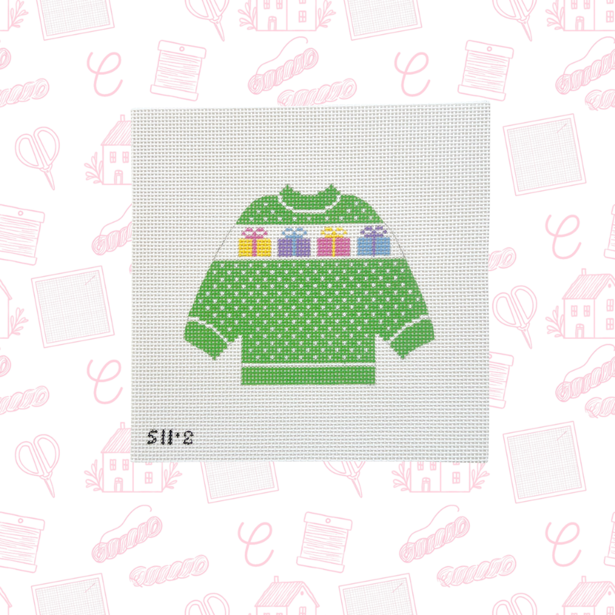 Green Present Sweater Needlepoint Canvas, 13 Mesh, ~5.5"x4.5" Design Size