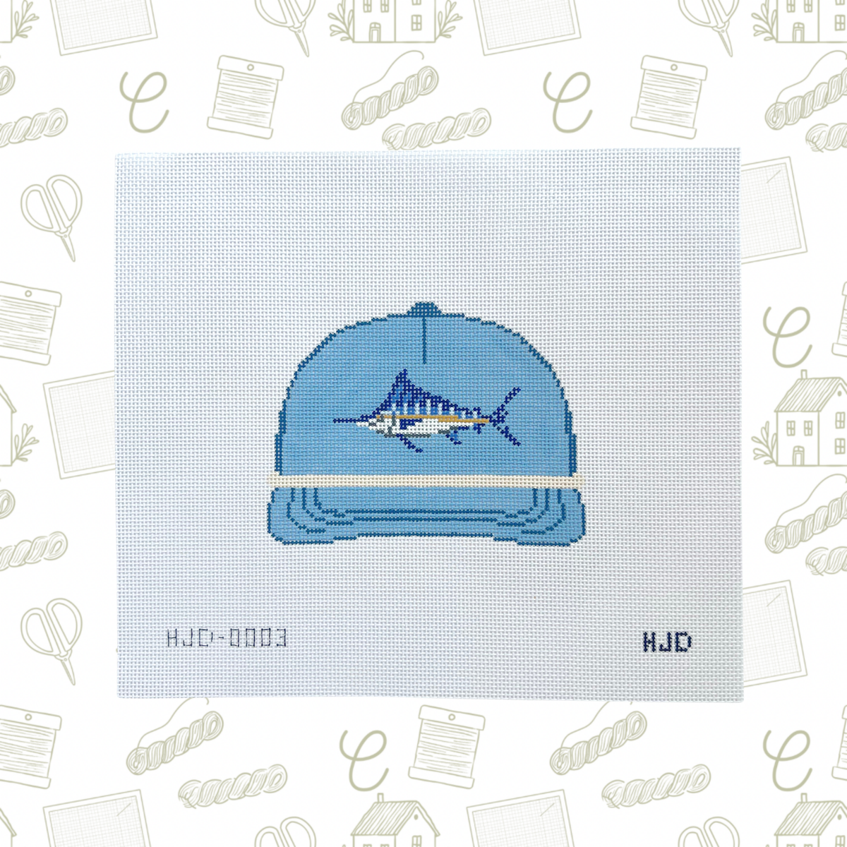 The Dancing Marlin Hat in Blue Needlepoint Canvas, 18 Mesh, 4.5"x5" Design Size