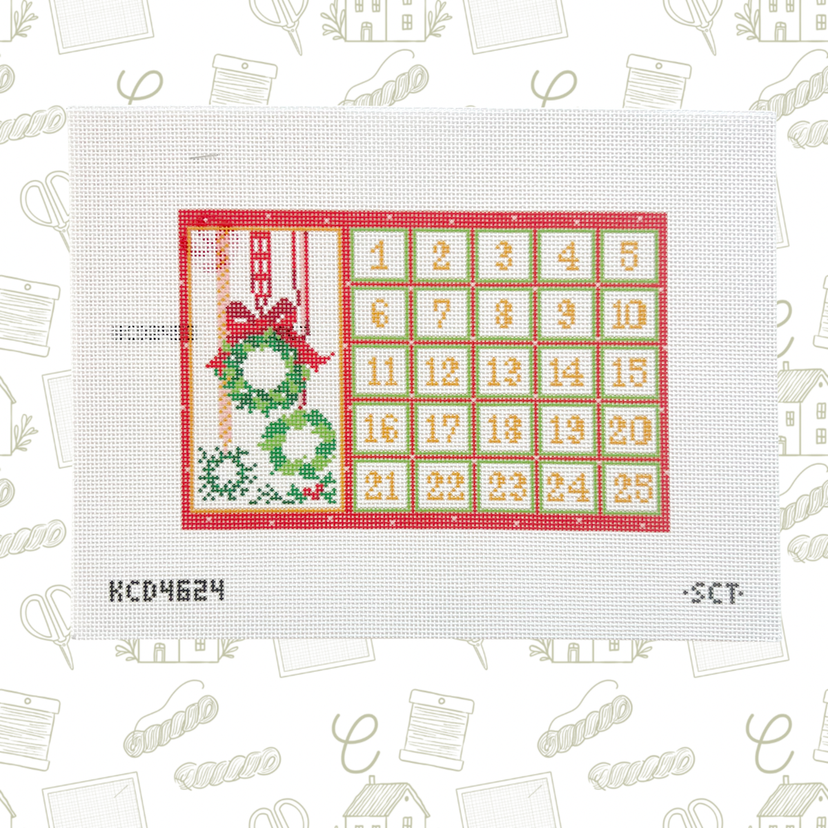 Tiny Christmas Advent Calendar with Peppermint Piece Needlepoint Canvas, 13 Mesh, 9"x6" Design Size