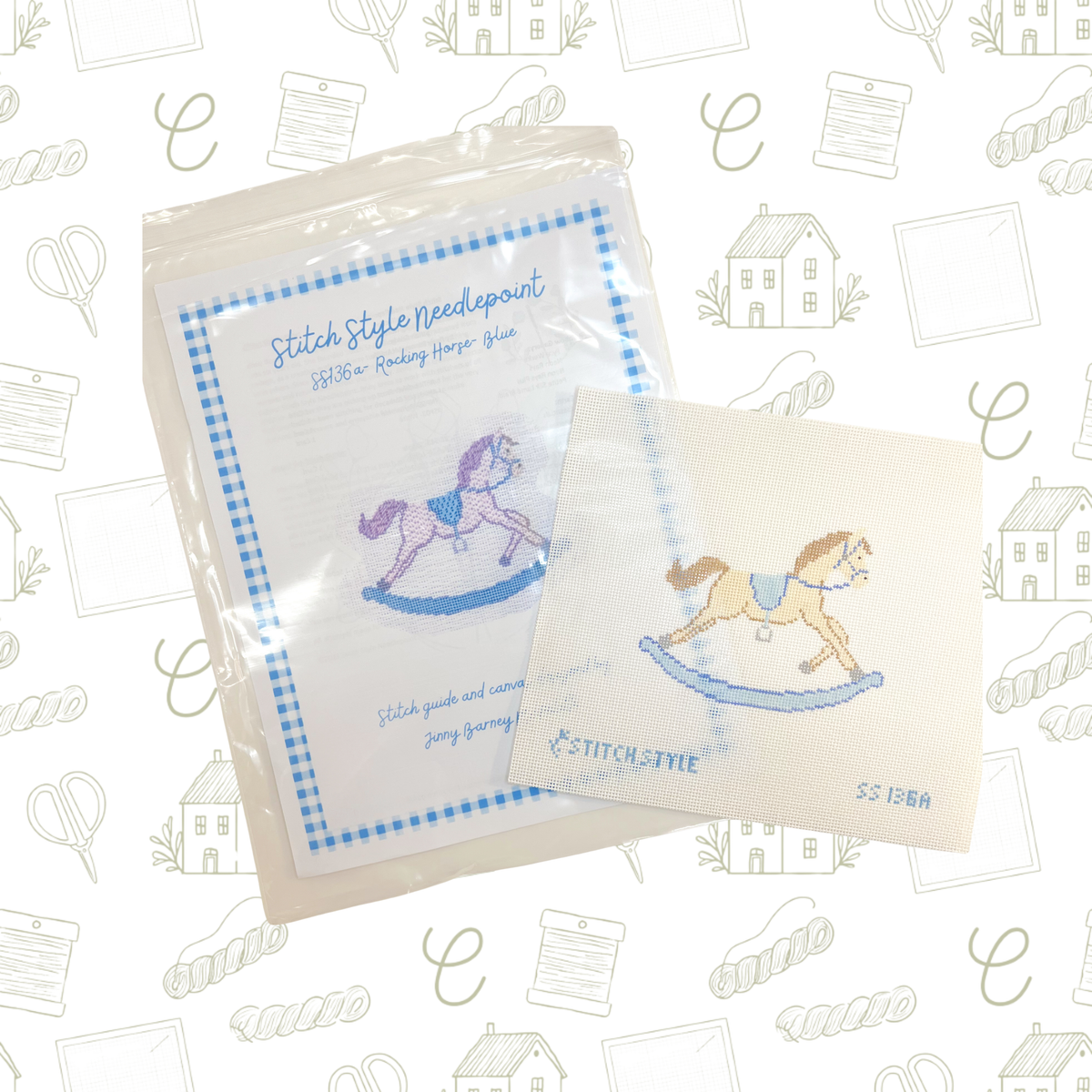 Blue Rocking Horse Needlepoint Canvas, 18 Mesh, 3.5" x 4.5" Design Size