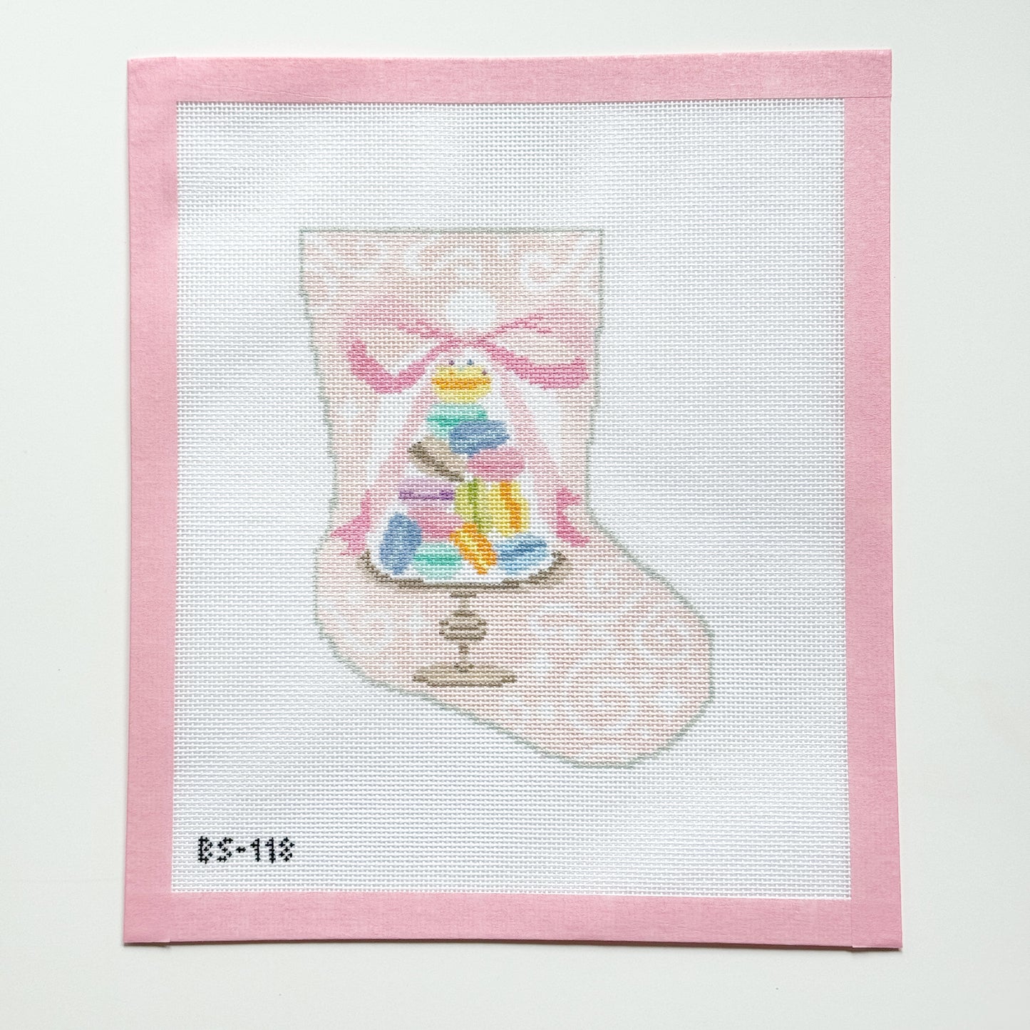 Macarons Bow Mini Stocking Ornament Needlepoint Canvas, 18 Mesh, 4.25”x6” Design