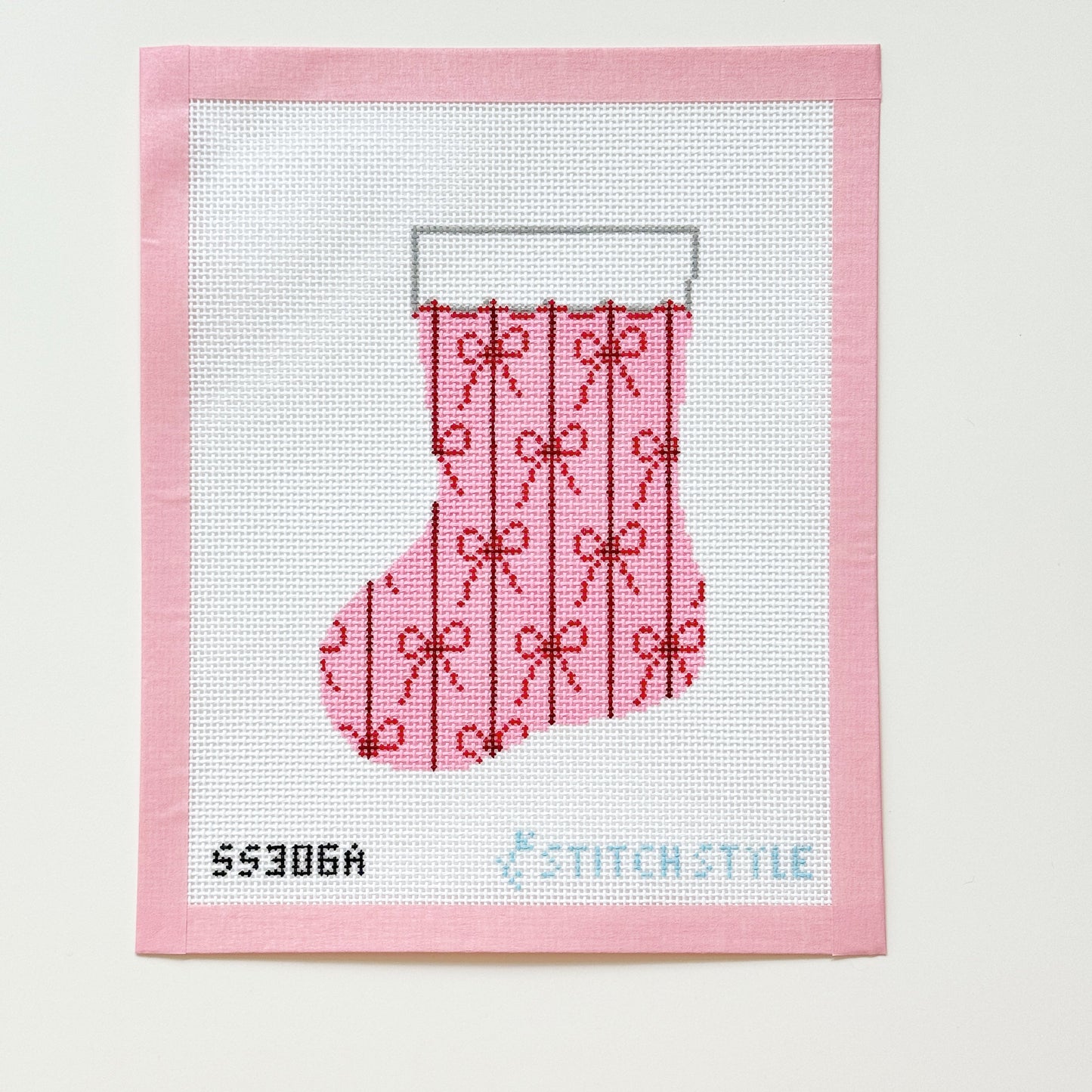 Red and Pink Bow Mini Stocking Christmas Needlepoint Canvas, 13 Mesh, 4.5x6 Design