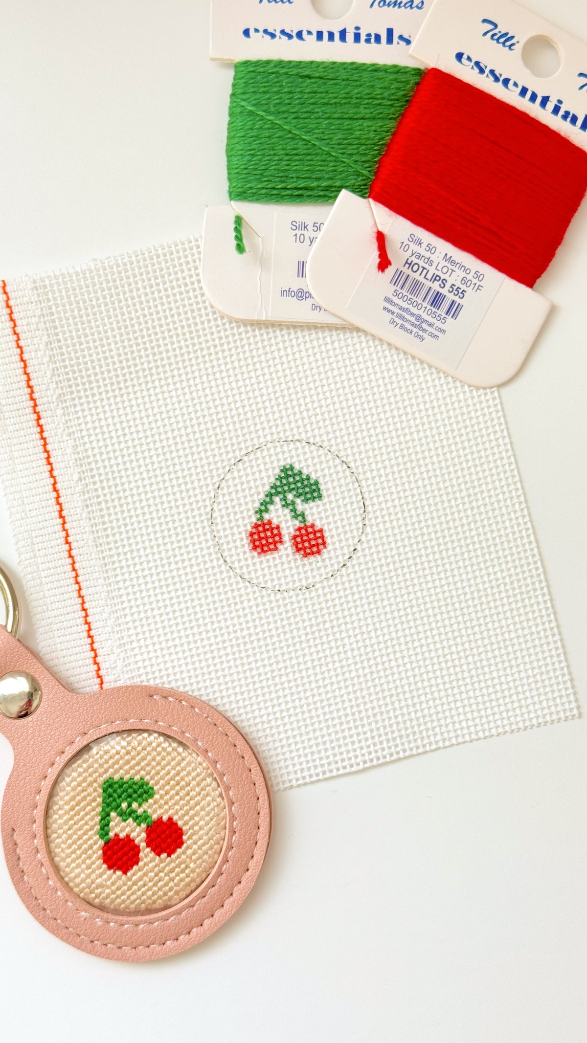 Mini Cherry 1” Round Key Fob Needlepoint Canvas, Mini Needlepoint Canvas, Cherry Needlepoint