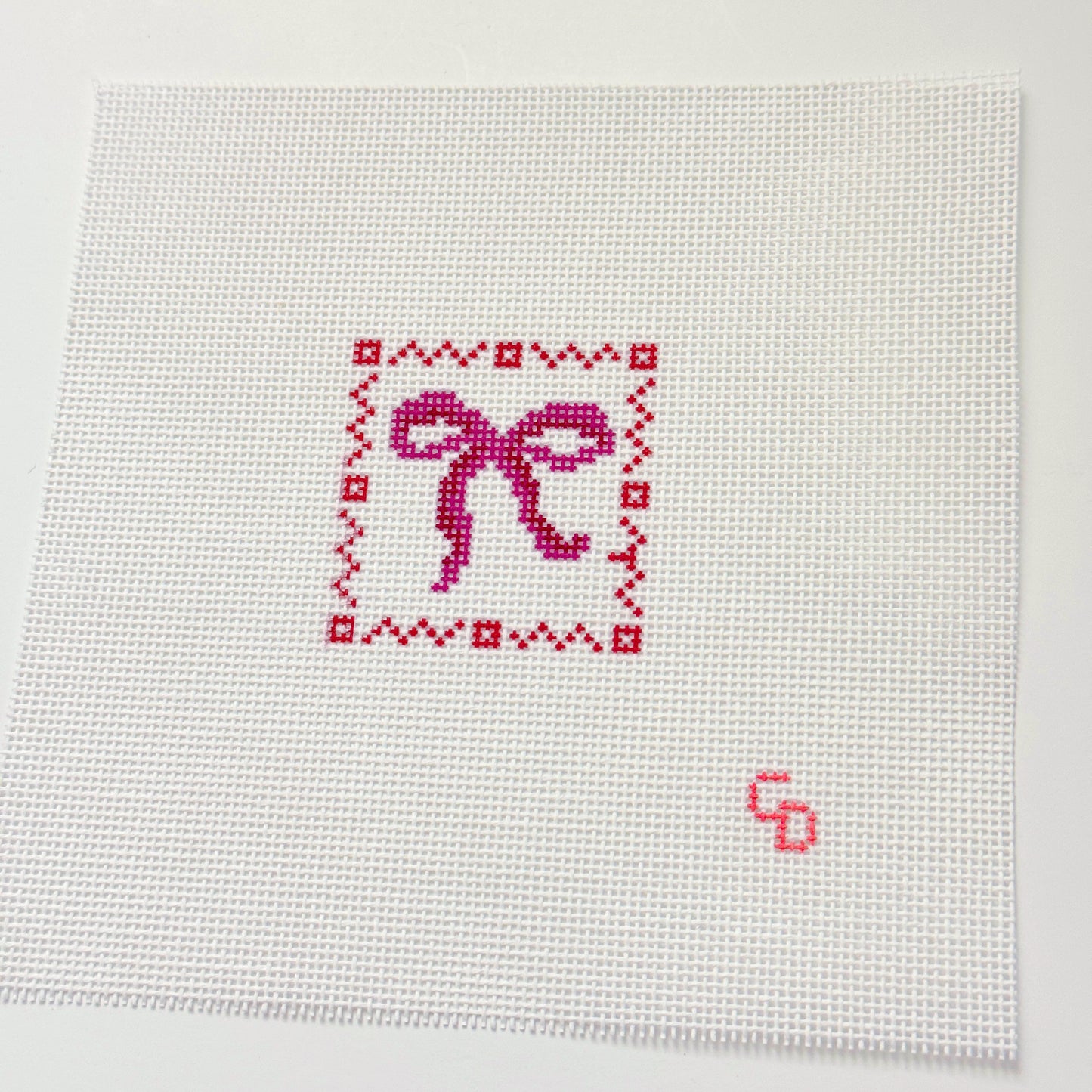 Mini Bow Stamp Hand Painted Needlepoint Canvas 18 Mesh, 2x2 Design, Bag Tag Canvas
