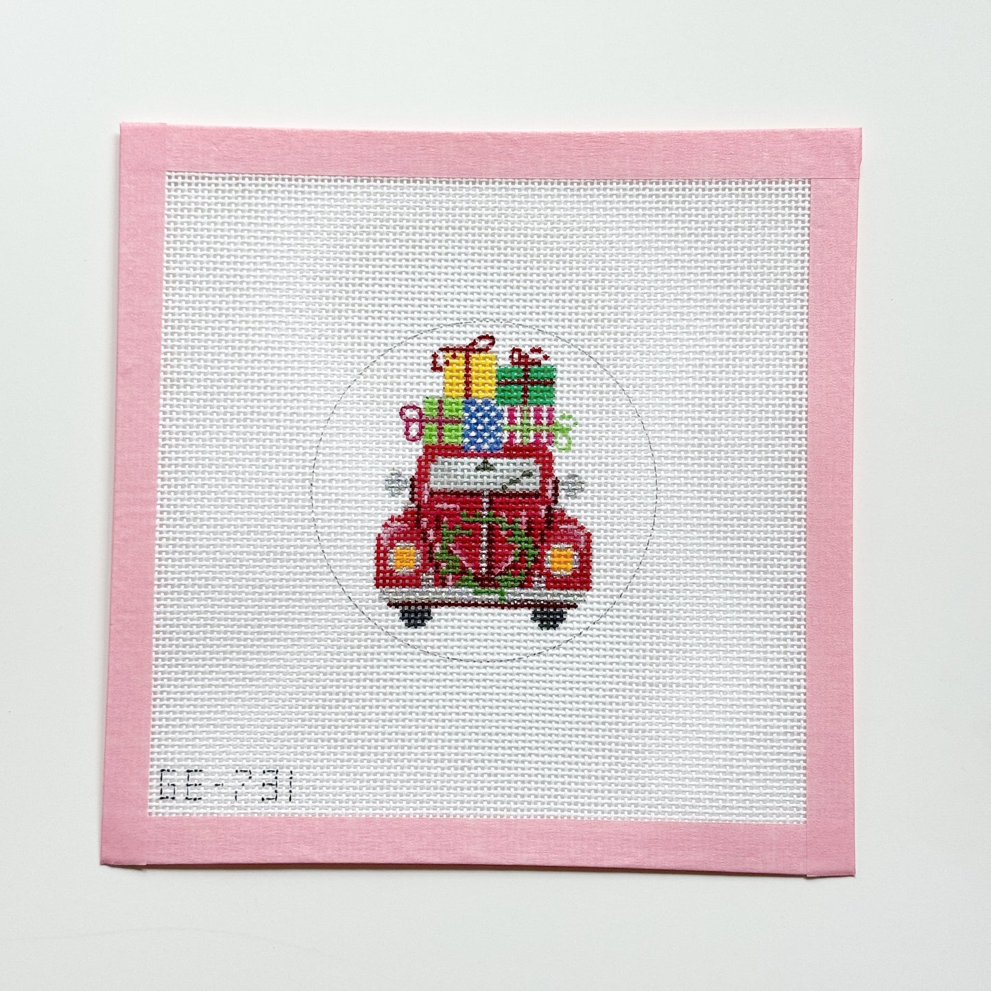 Christmas Car with Presents Retro Needlepoint Canvas, 18 Mesh, 4”x4” Round Design