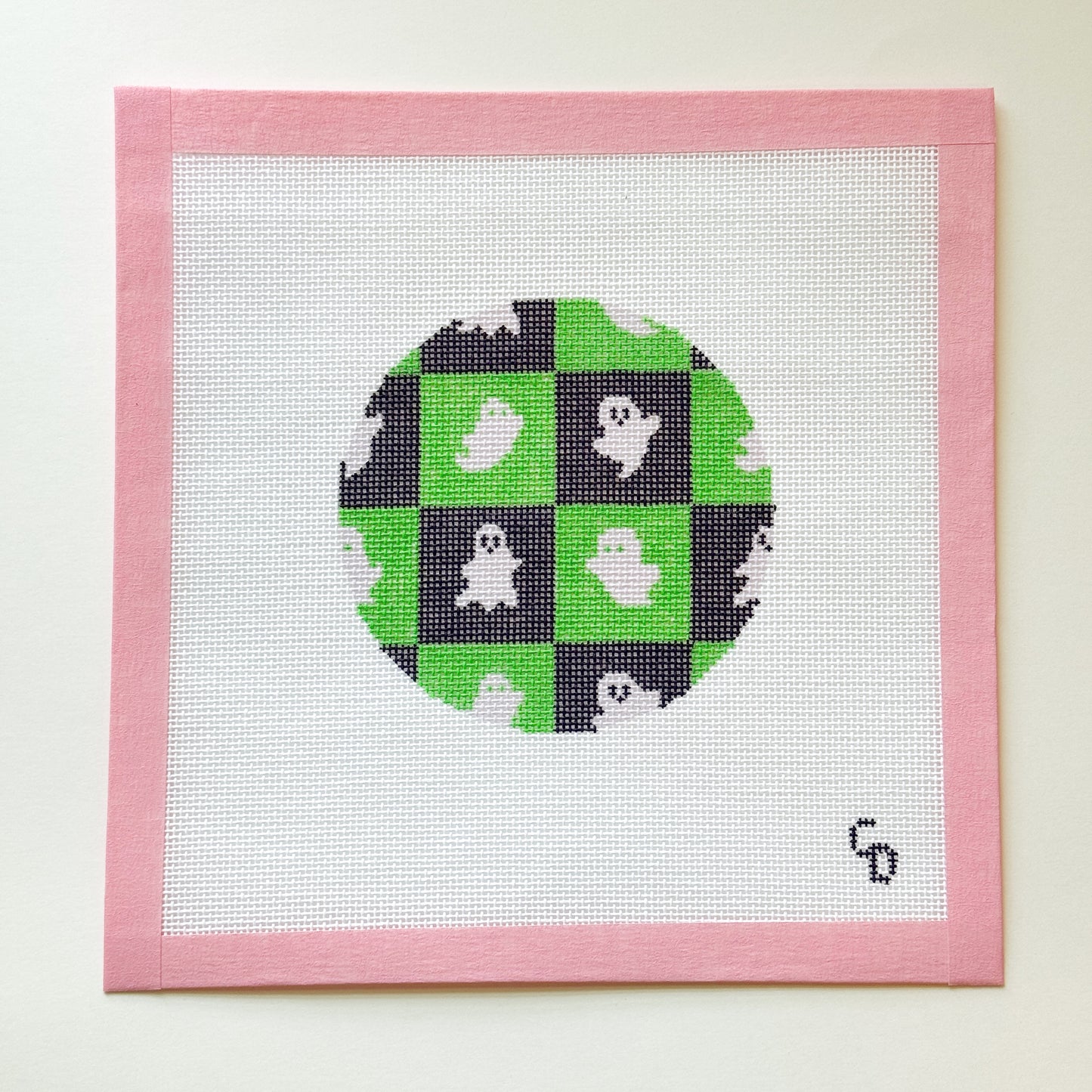 Lime Green Ghost Checkered Needlepoint Canvas, Halloween Ornament Needlepoint Canvas, 18 Mesh, 4x4 Design