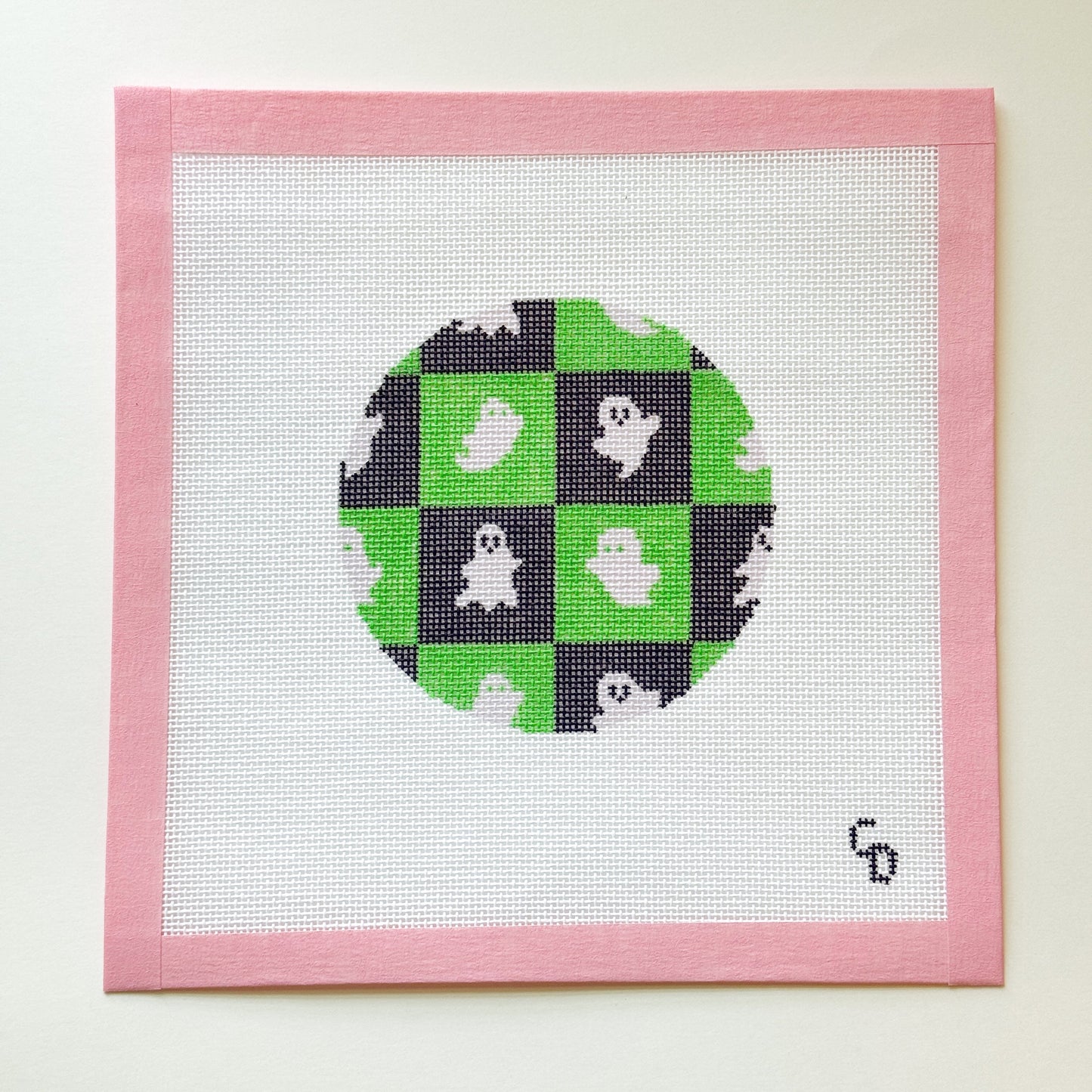Lime Green Ghost Checkered Needlepoint Canvas, Halloween Ornament Needlepoint Canvas, 18 Mesh, 4x4 Design