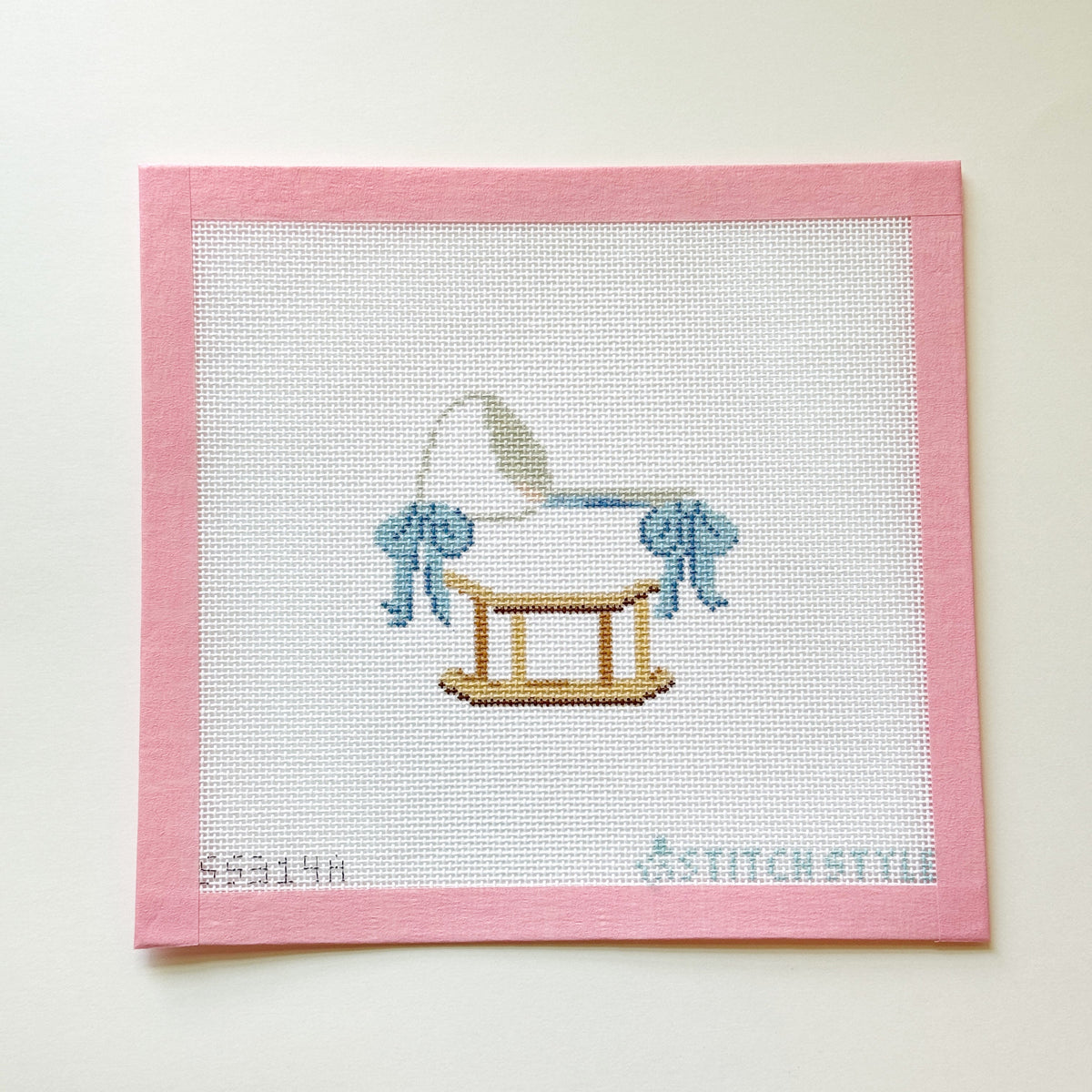 Baby Bassinet Blue Bows Needlepoint Canvas, 18 Mesh, 4x4 Design