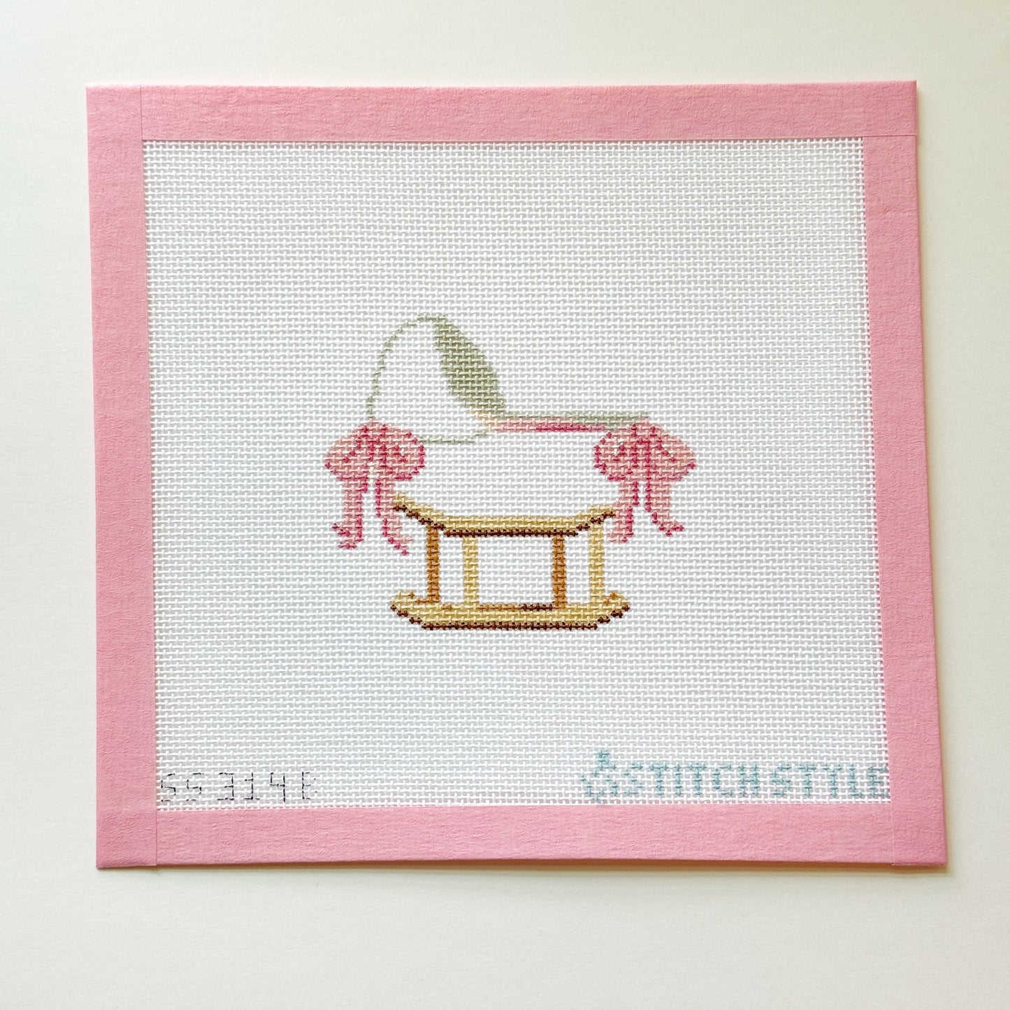Baby Bassinet Pink Bows Needlepoint Canvas, 18 Mesh, 4x4 Design
