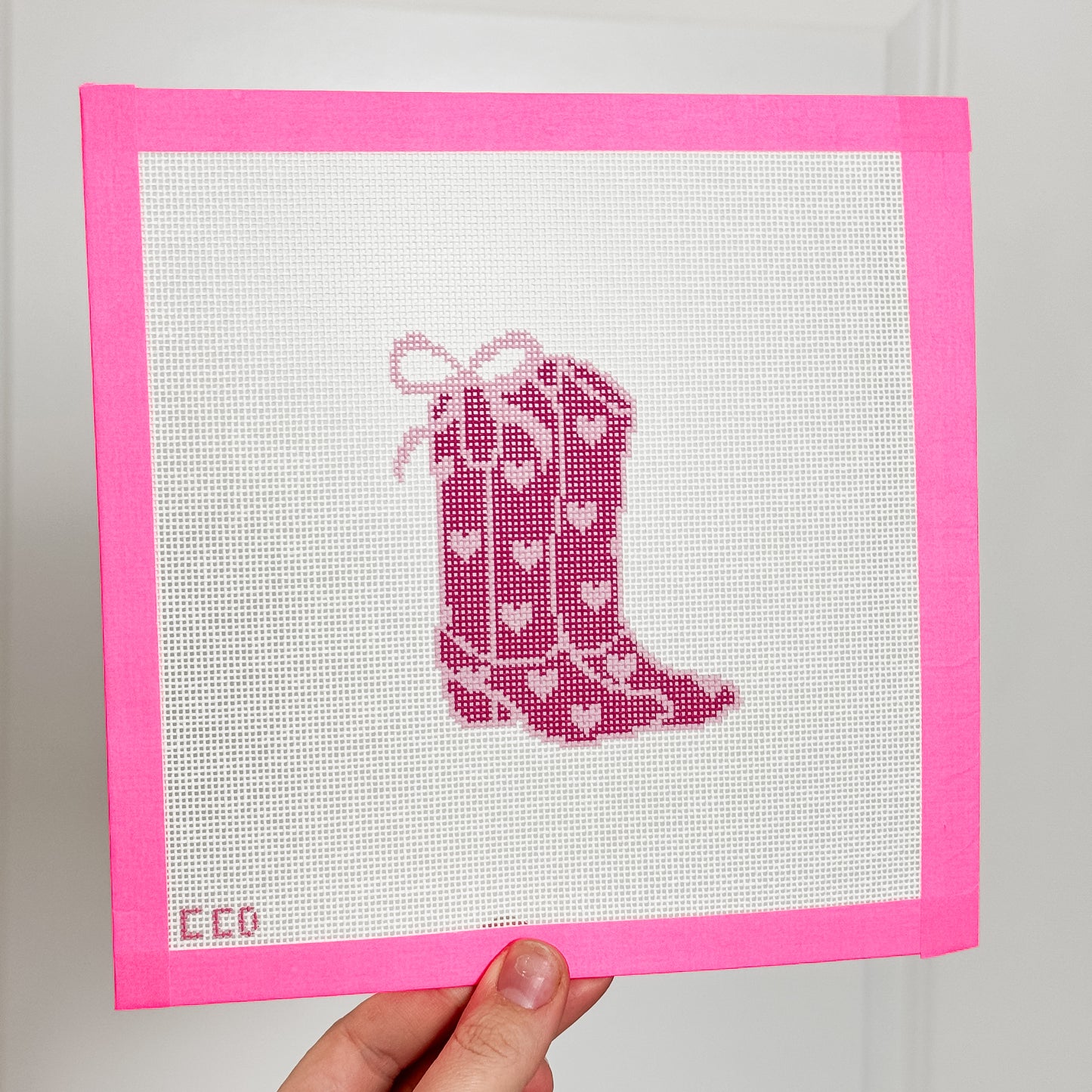 Hand-Painted Heart Coquette Cowgirl Boot Needlepoint Canvas | 4” Design | 18 Mesh Southern-Inspired Design