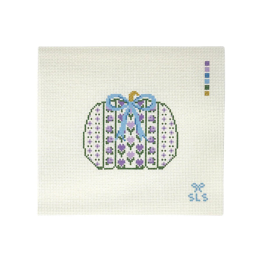 Purple Flower Pumpkin Fall Needlepoint Canvas, 13 Mesh, 4" x 4.8"