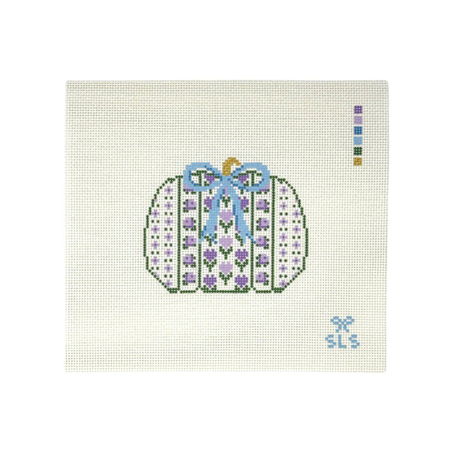 Purple Flower Pumpkin Fall Needlepoint Canvas, 13 Mesh, 4" x 4.8"