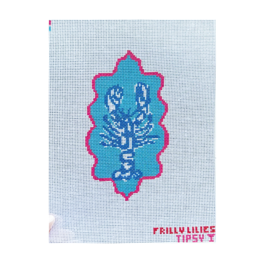 Frilly Lillies Blue Lobster Needlepoint Canvas, 18 mesh, 3 X 5.5 Design, Beach Summer Needlepoint Canvas