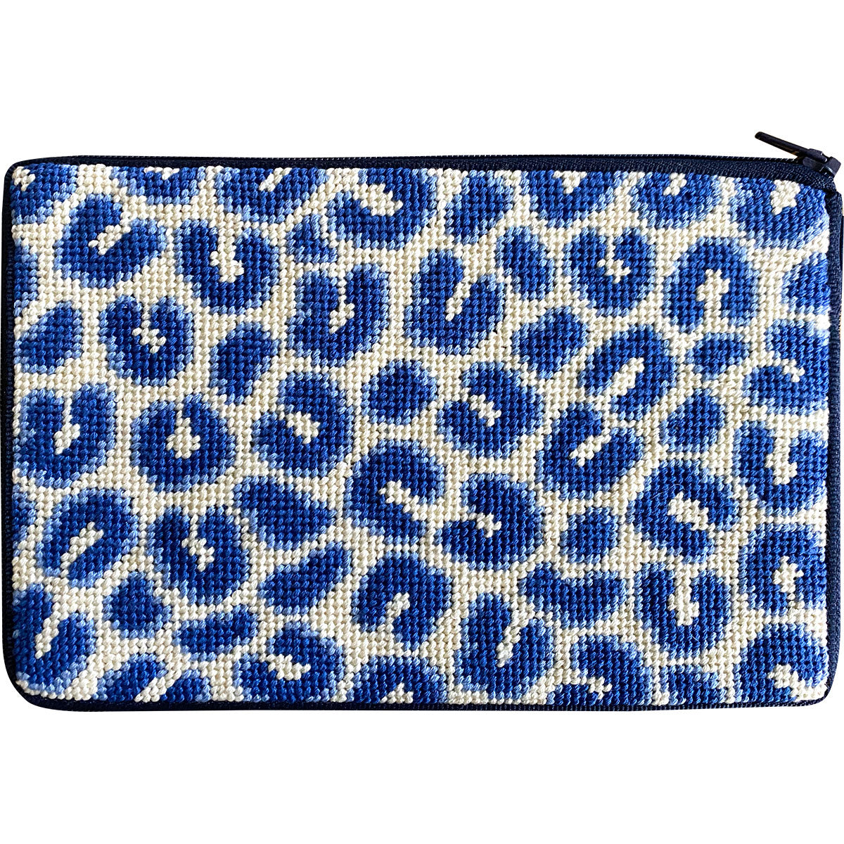 Navy Leopard Stitch & Zip needlepoint purse