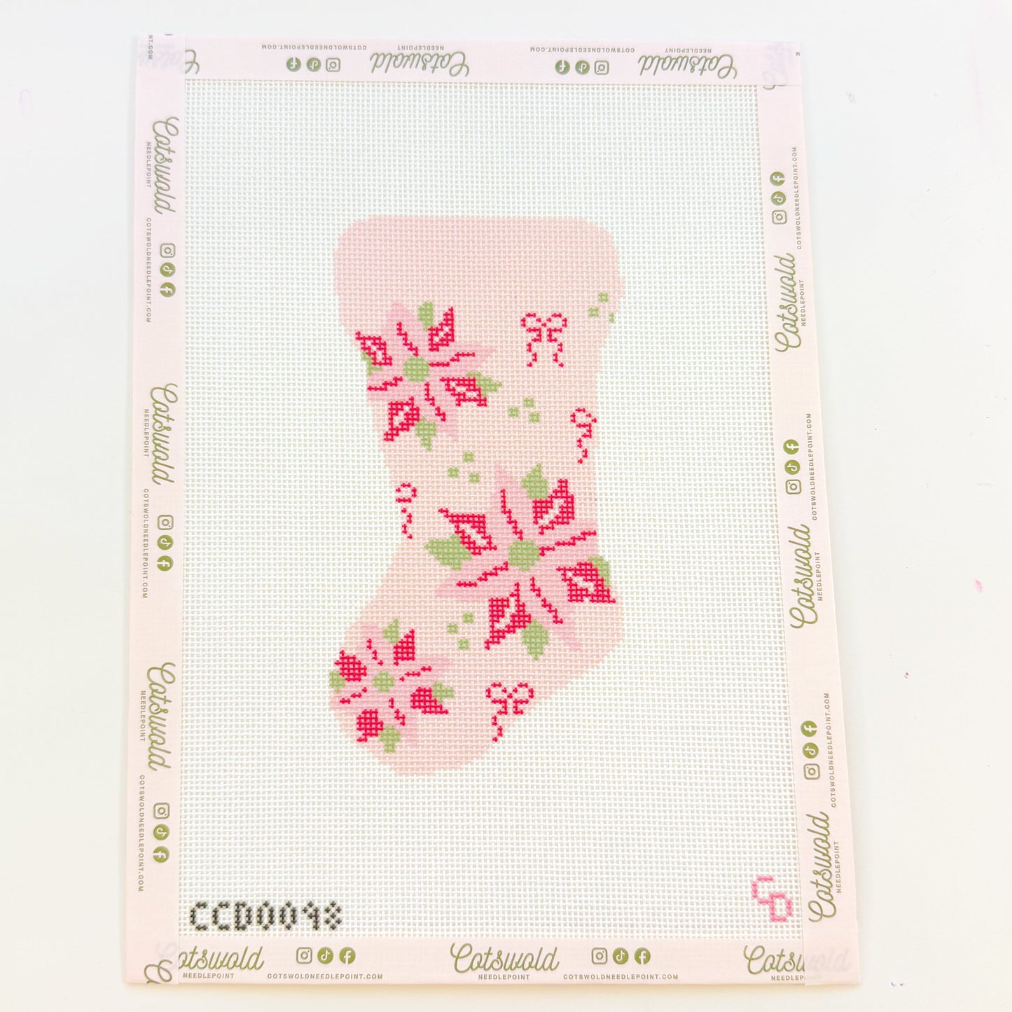 Poinsettia Bow Mini Stocking 18 Mesh Needlepoint Canvas 6”x3”
