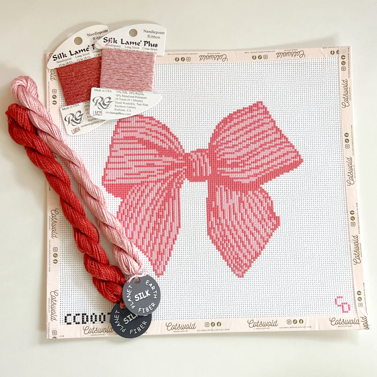 Big Pink Bow Needlepoint Canvas, 13 Mesh, 8"x8" Design Size