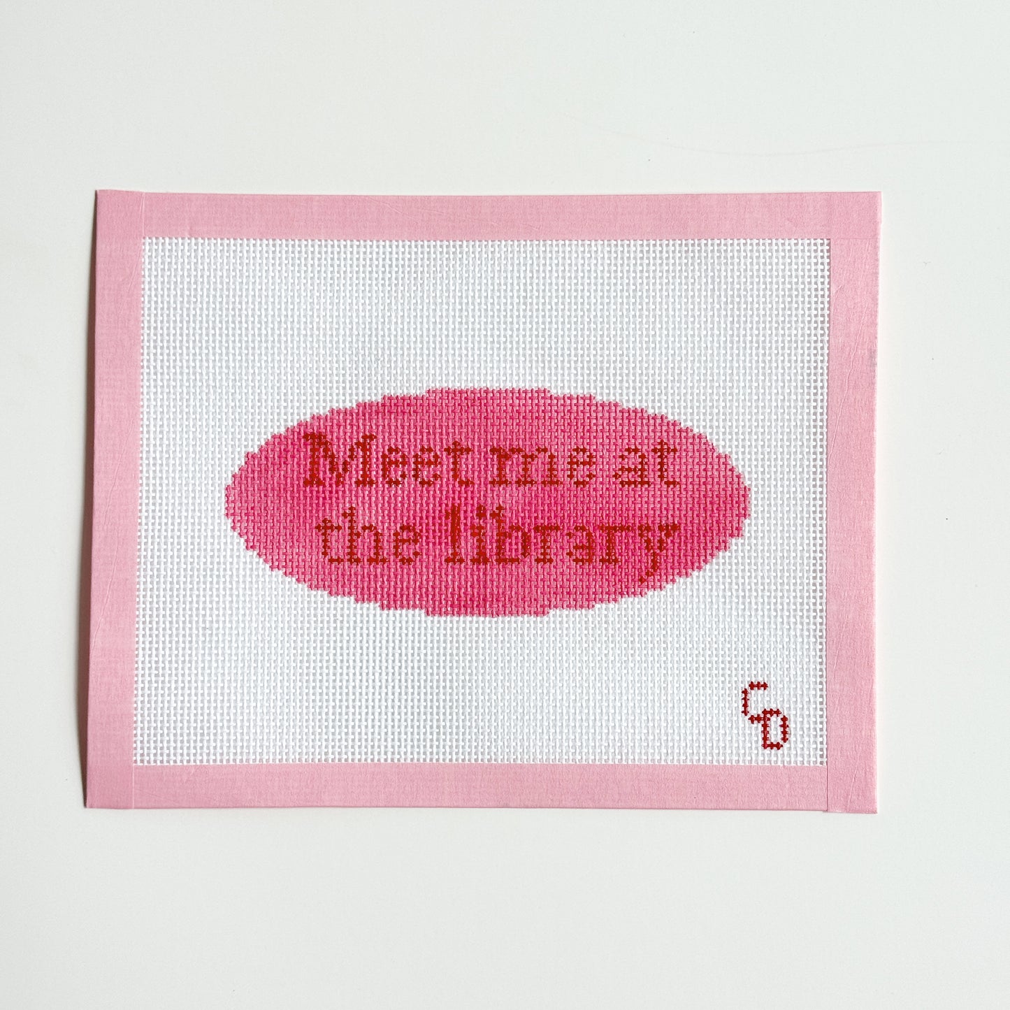Meet Me At the Library Oval Sign Needlepoint Canvas, 18 Mesh, 6”x3” Design