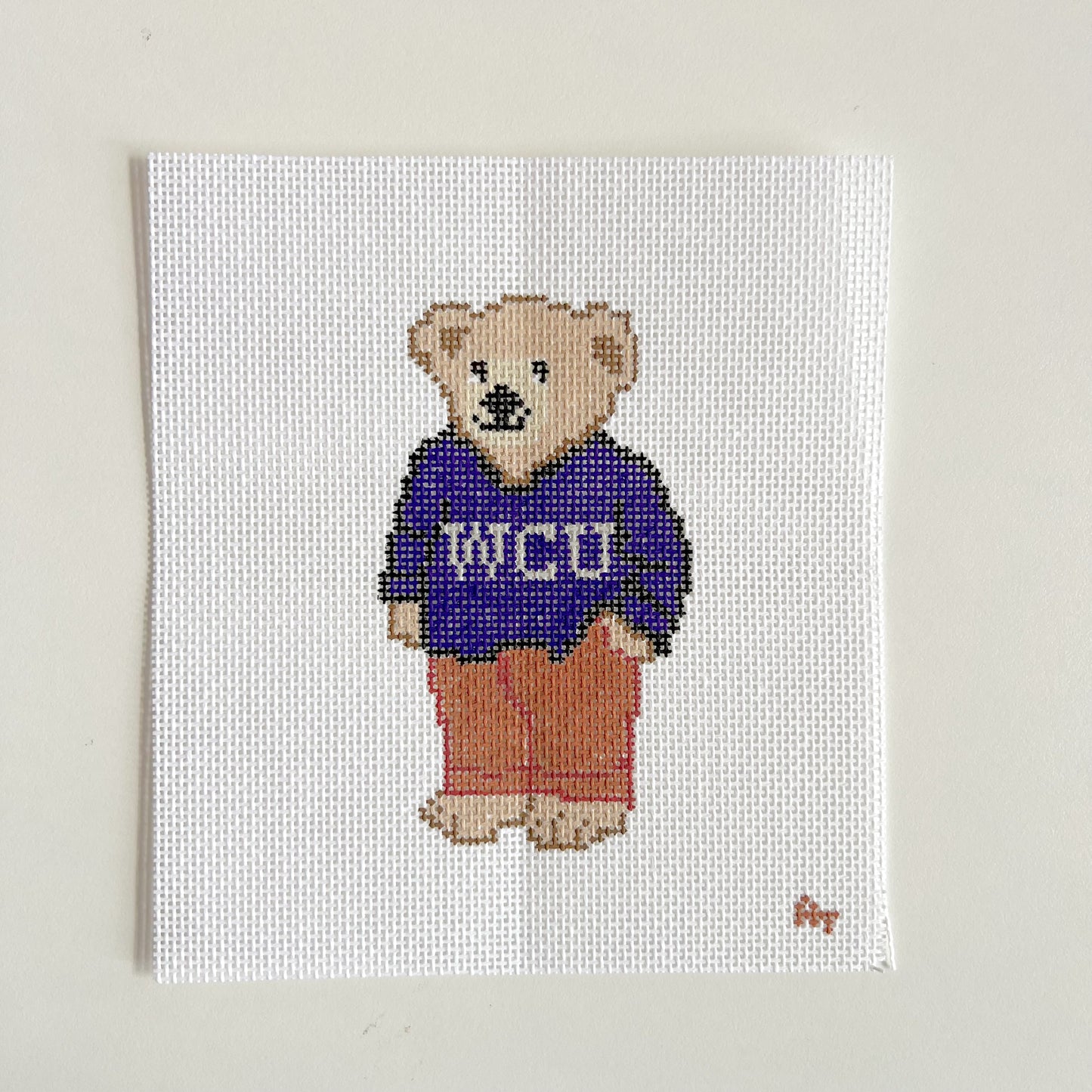Western Purple College Sweater Bear Needlepoint Canvas, 18 Mesh, 4.5" x2.5" Design Size