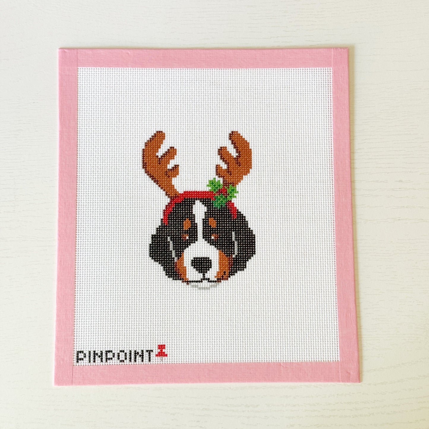 Saint Bernard Dog Reindeer Ears Christmas Needlepoint Canvas, 18 Mesh, 3x4 Design