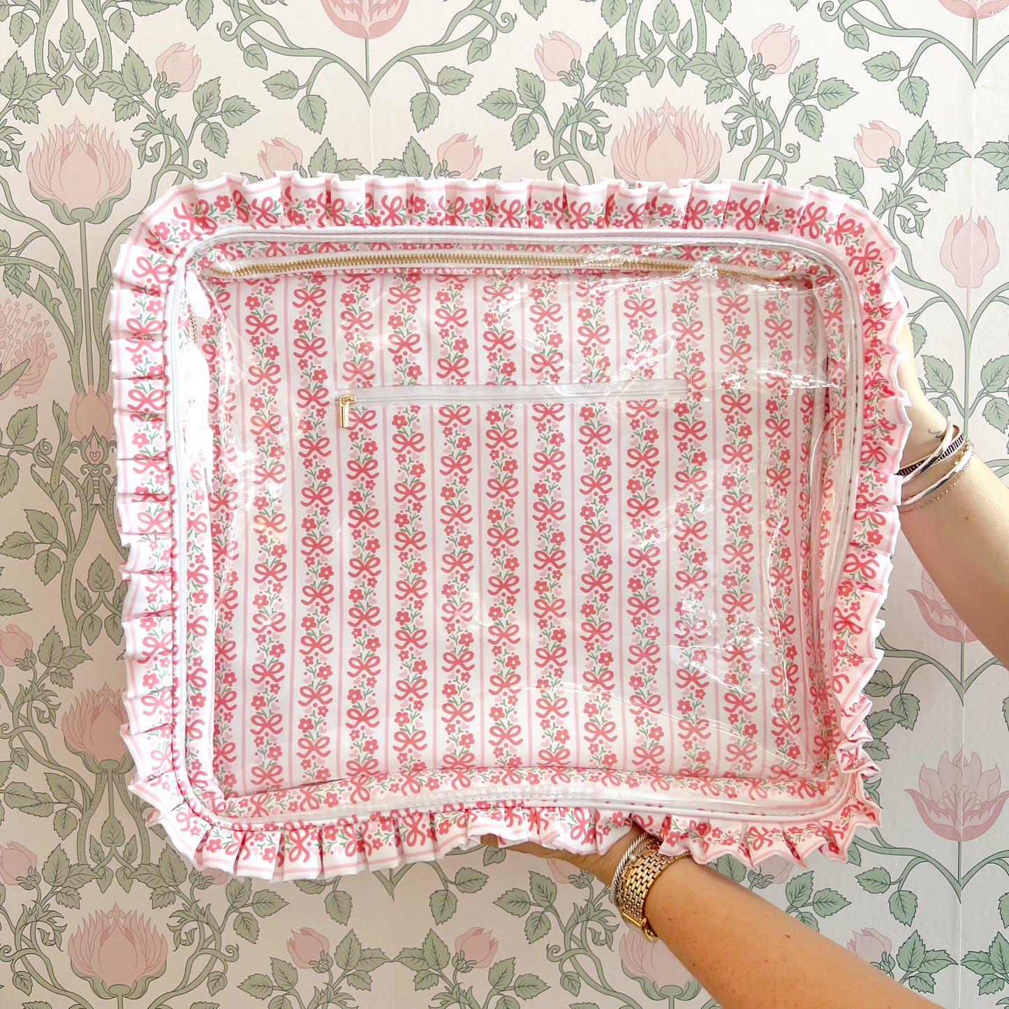 Pink Bow Floral Ruffle Carryall Extra Large Project Bag