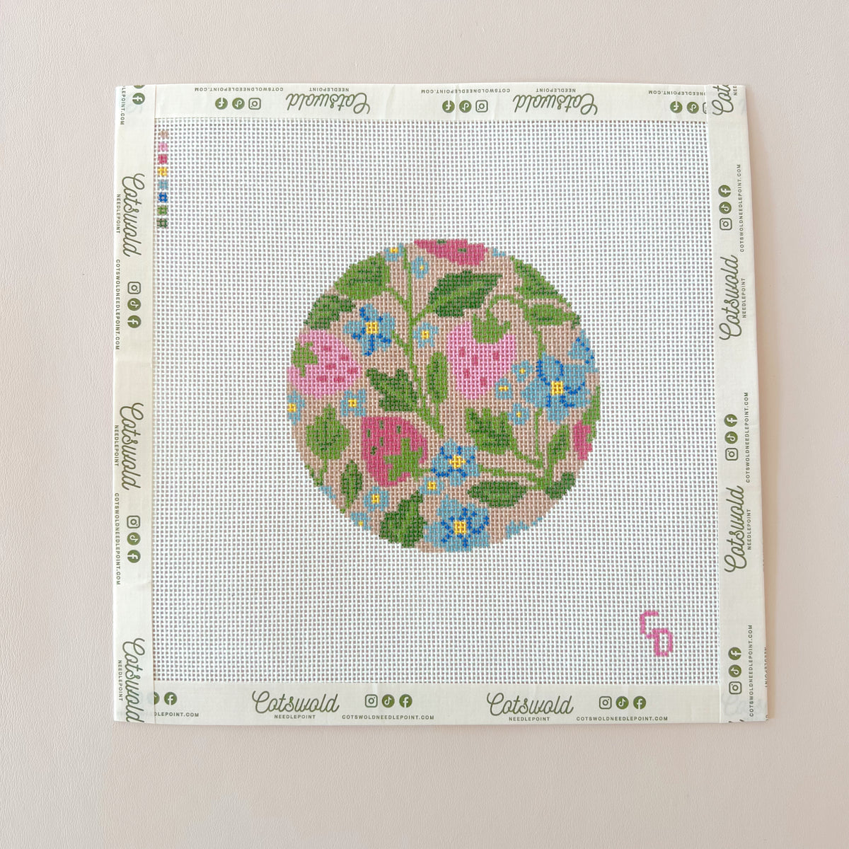 Strawberry Fields Round with Blue Flowers Needlepoint Canvas 18 Mesh