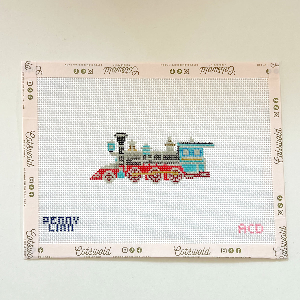 Vintage Red and Blue Train Needlepoint Canvas, 18 Mesh, 1.5" x 3.78" Design Size