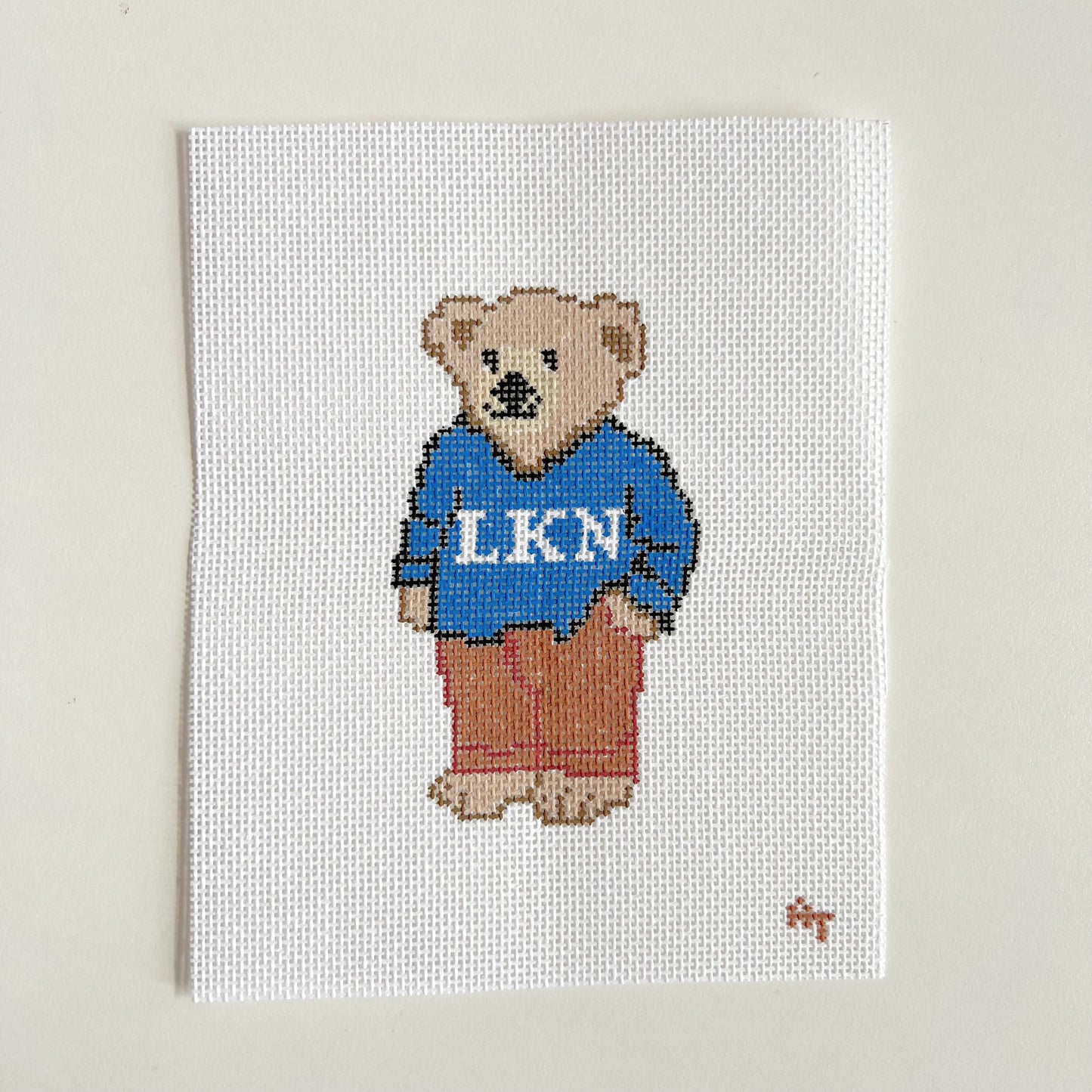 LKN Blue Sweater Bear Needlepoint Canvas, 18 Mesh, 4.5" x2.5" Design Size