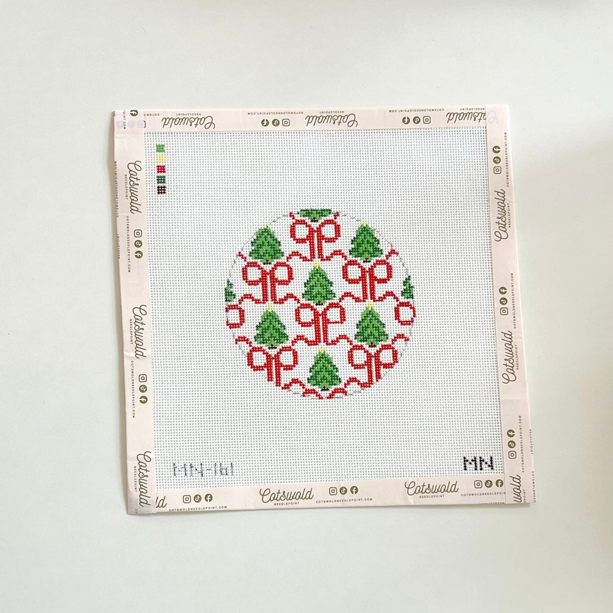 Red Bows & Trees Ornament Needlepoint Canvas, 18 Mesh, 4”x4” Design Size