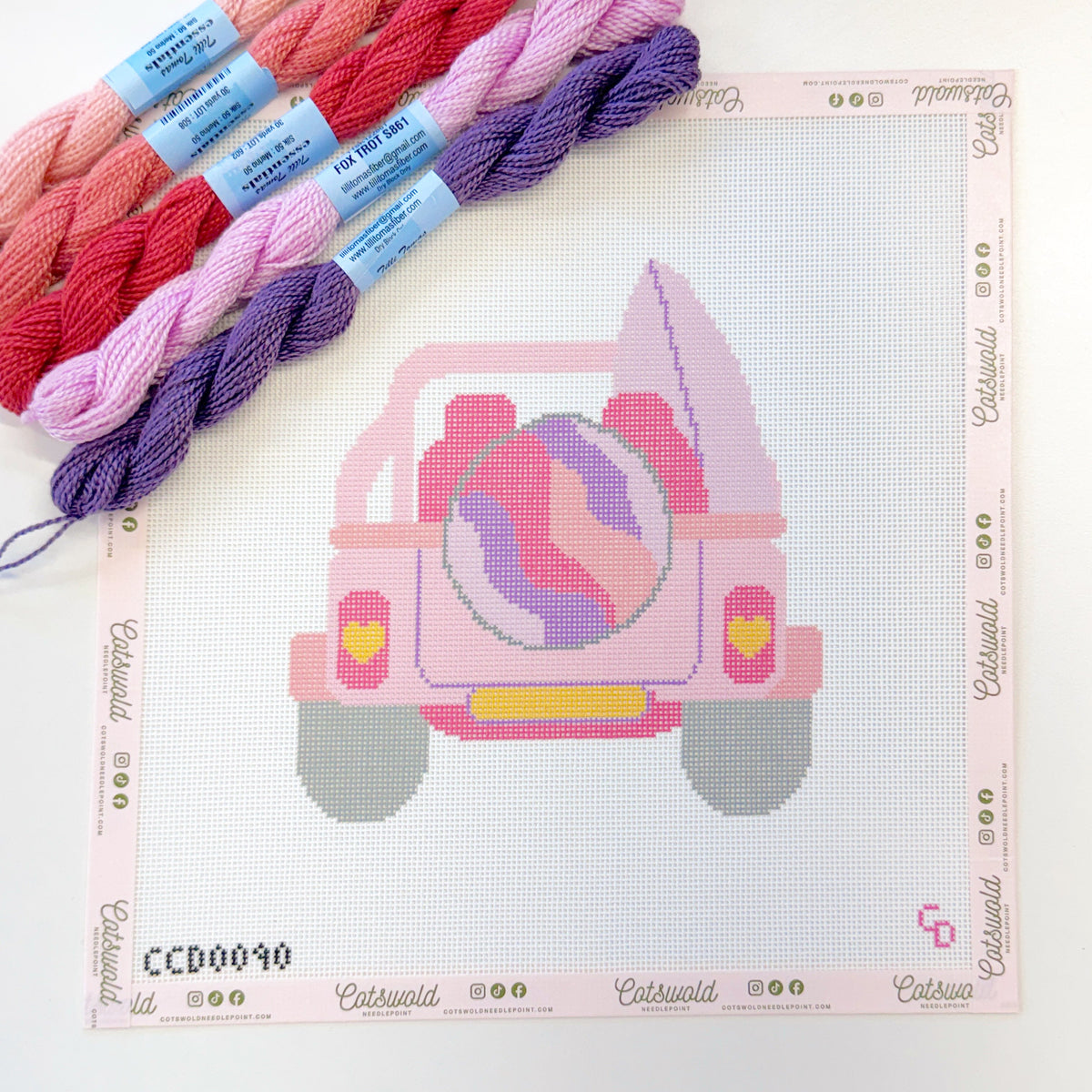 Pink Jeep with Surfboard Needlepoint Canvas, Summer Needlepoint, 18 Mesh, 6.5"x6" Design