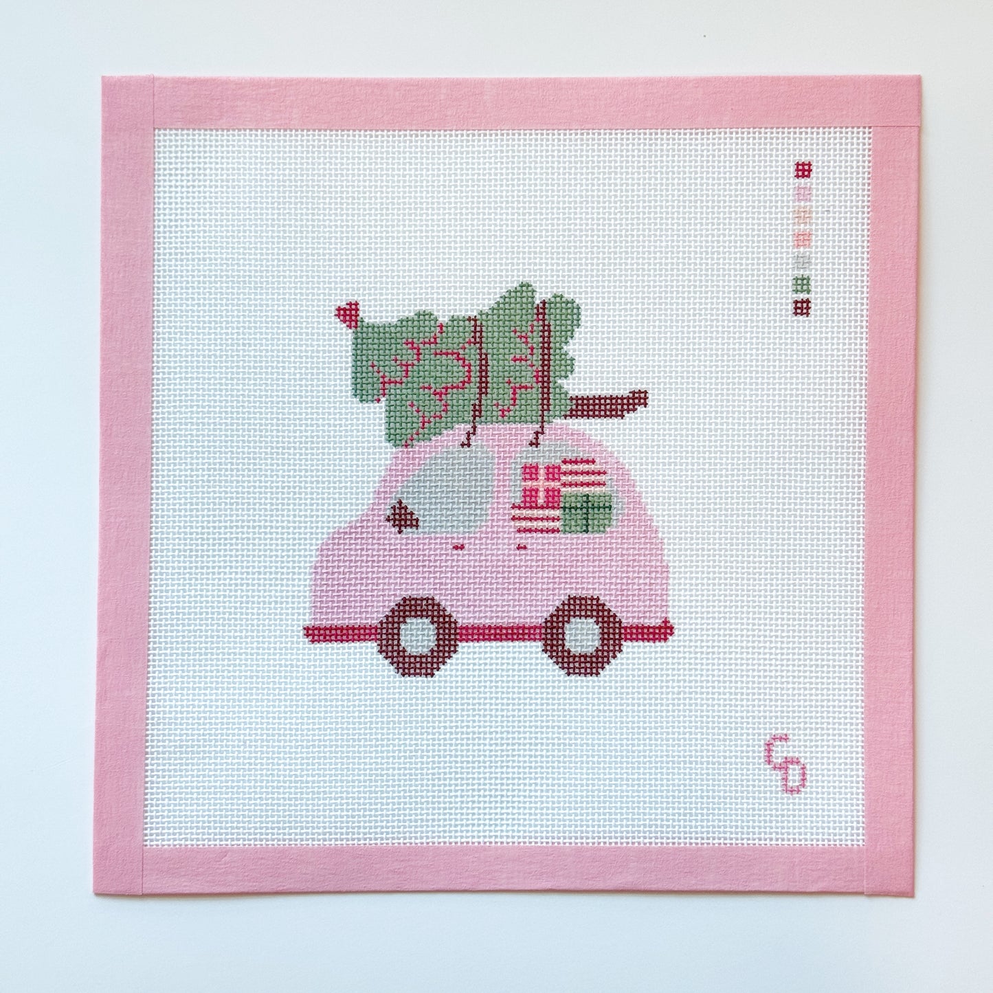Christmas Needlepoint Ornament, Christmas Car Needlepoint, Modern Needlepoint, 18 Mesh 4”x4” Design, Pink Christmas Needlepoint Canvas