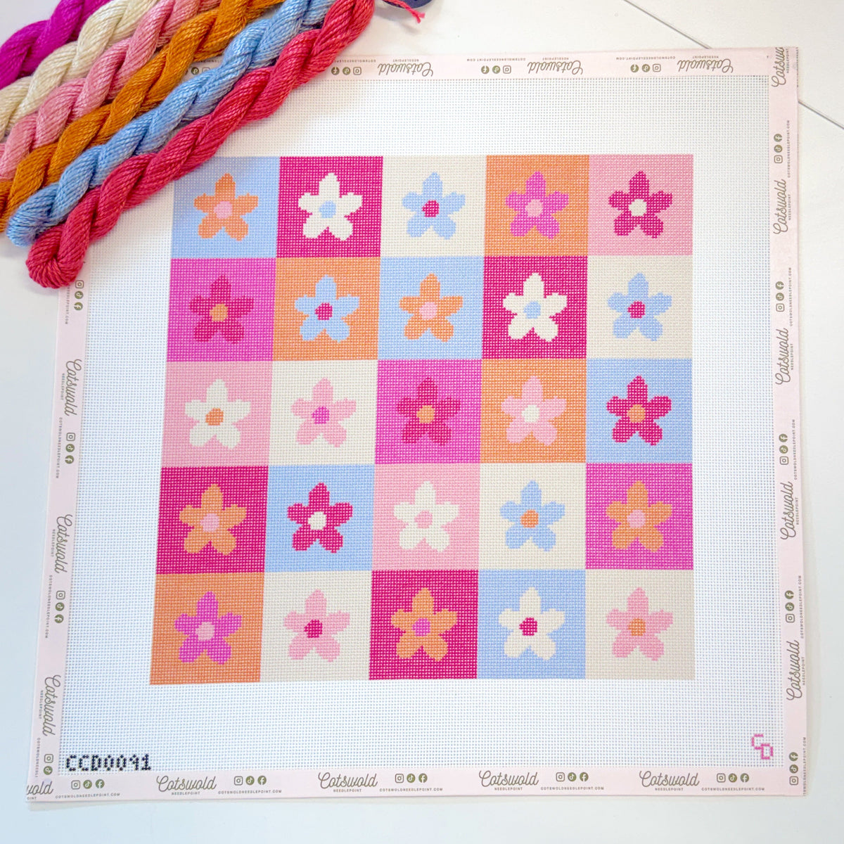 Retro Flower Checkered Pillow Hand Painted Needlepoint Canvas 18 Mesh, 12x12 Design