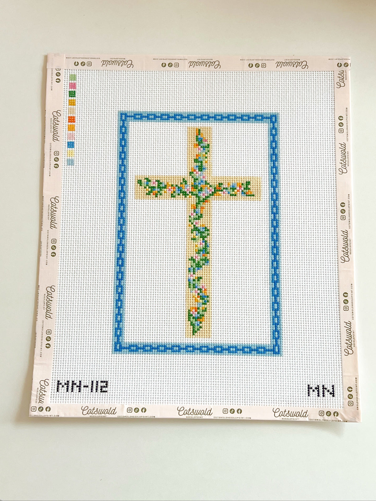 Floral Cross Blue Chain Border Needlepoint Canvas, 13 Mesh, 5.5”x8.3” Design Size