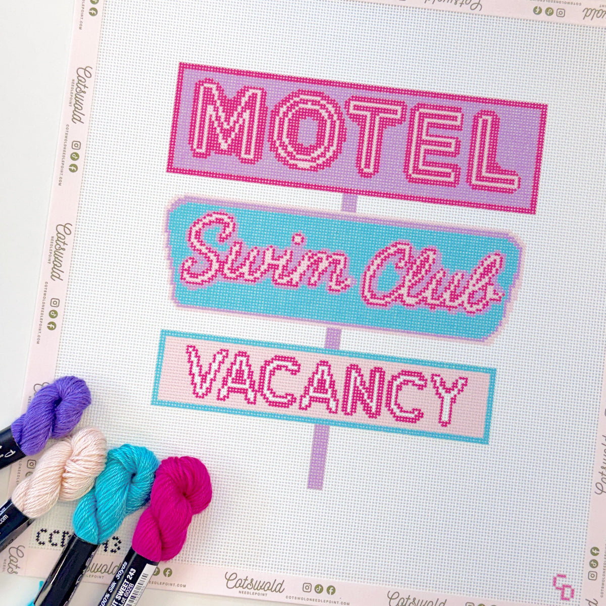Motel Swim Club Vacancy Needlepoint Canvas Sign, 18 Mesh, 8"x7" Design Size